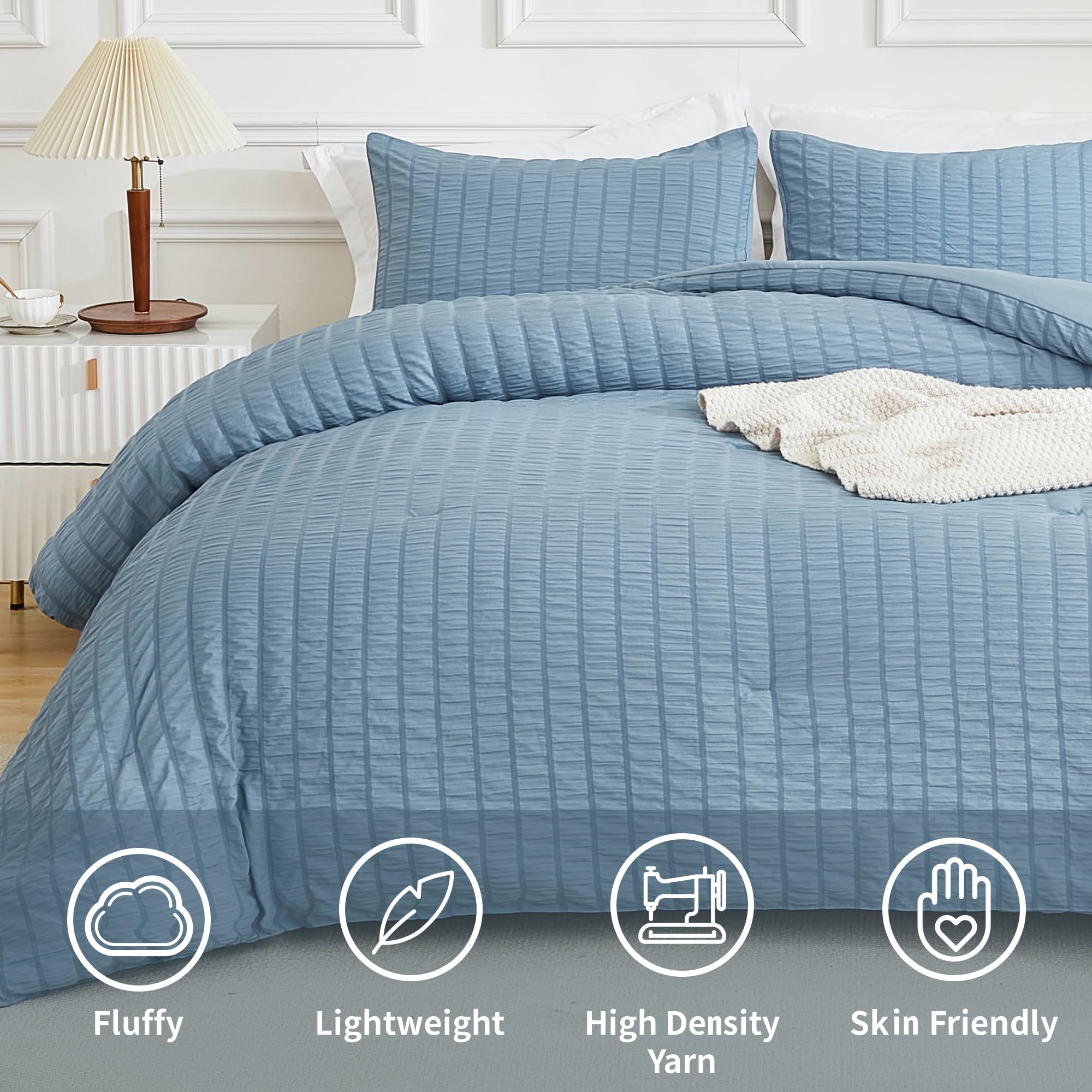 Avelom Seersucker Comforter Set - Full Size - Grayish Blue - 80X90 Inches - 3 Pieces - Unisex