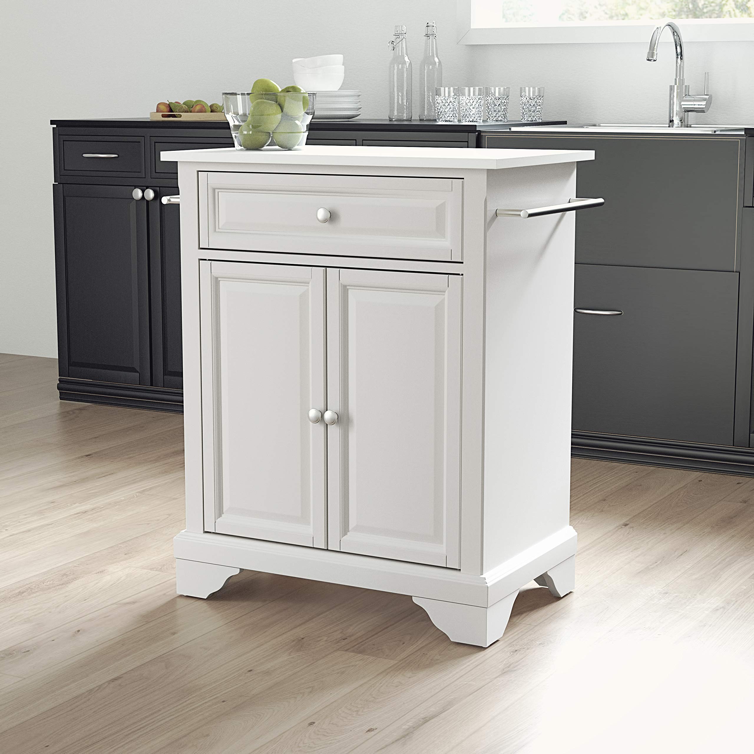 Crosley Furniture Lafayette Stone Top Small Portable Rolling Kitchen Island Storage Cart, Microwave Stand, White