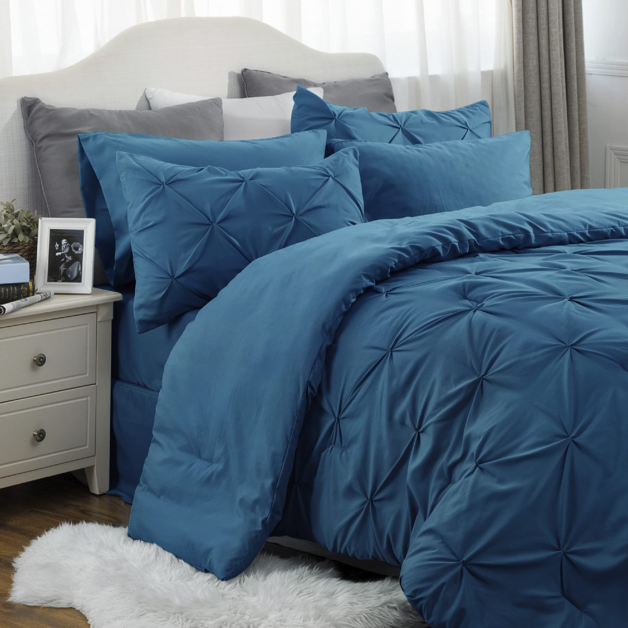 Bedsure King Size Comforter Set - Bedding Set King 7 Pieces, Pintuck Bed In A Bag Teal Blue Bed Set With Comforter, Sheets, Pill