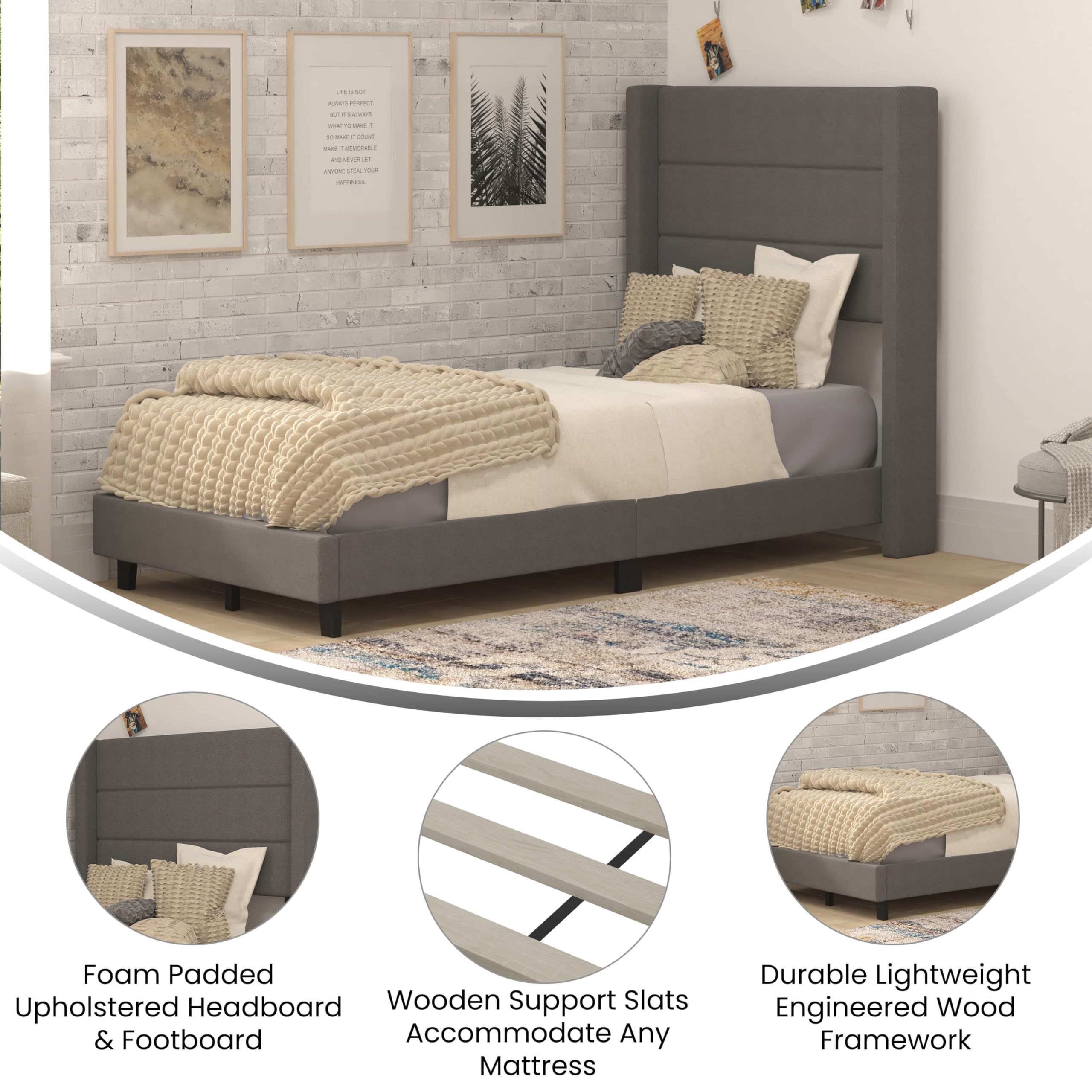 Flash Furniture Hollis Upholstered Platform Bed - Charcoal Faux Linen Wingback Headboard - Twin - Mattress Foundation with Slatted Supports - No Box Spring Needed