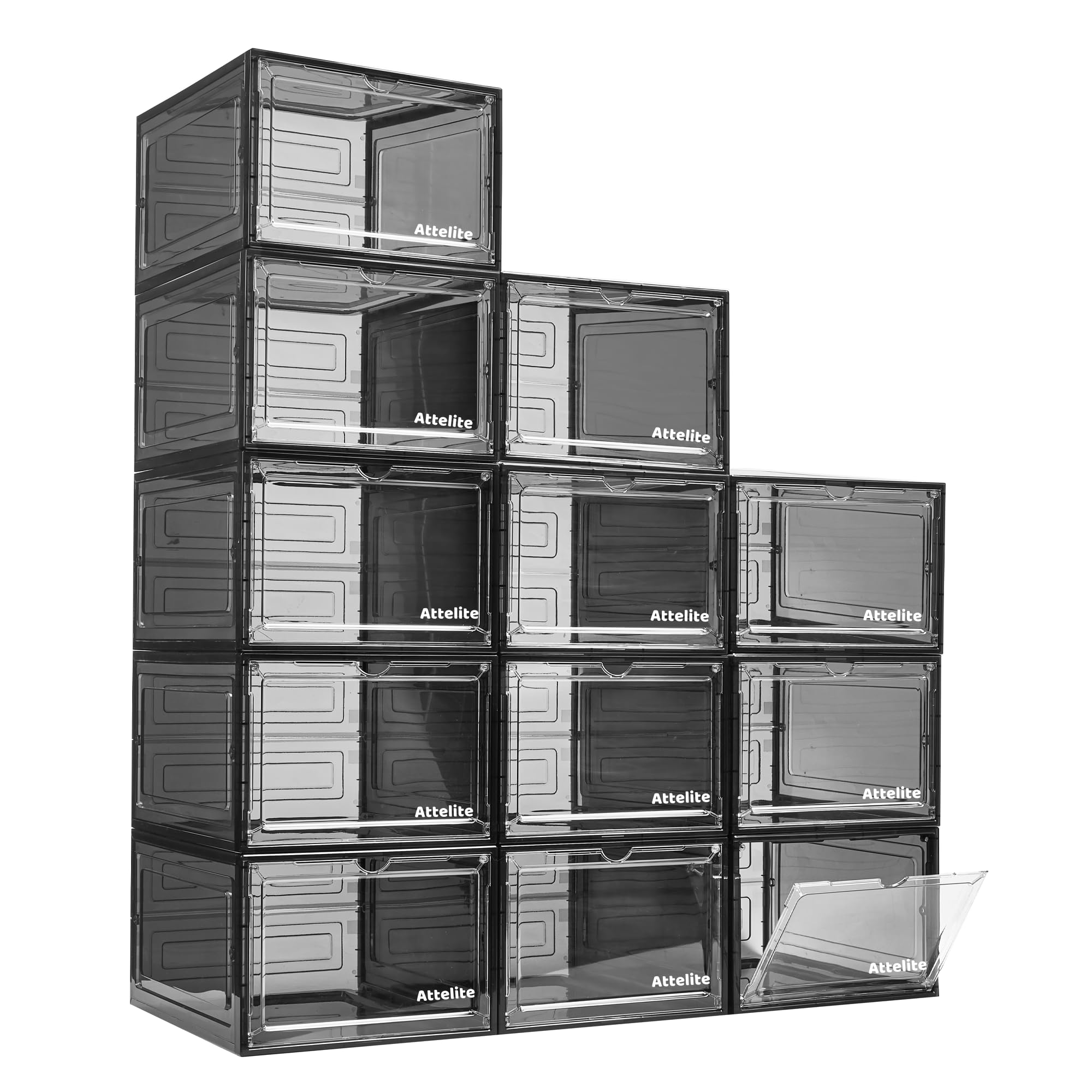 Attelite Upgrade 12Pack Shoe Box Storage Containers,Thicken Sturdy Clear Stackable Plastic Shoe Organizer Box With Magnetic Door, Drop Front Shoe Box Sneakers X-Large