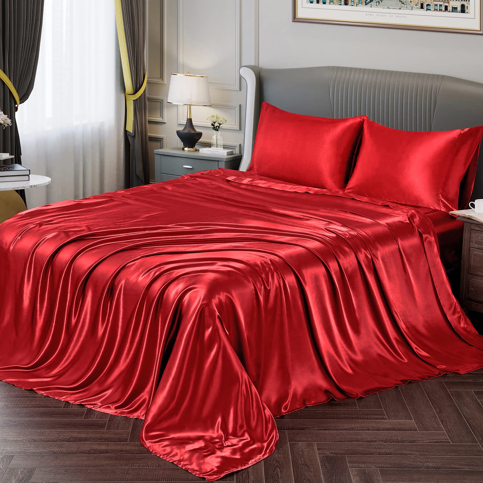 Vonty Satin Sheets King Silky Soft Satin Bed Sheets Red Satin Sheet Set, 1 Deep Pocket Fitted Sheet + 1 Flat Sheet + 2 Pillowcas