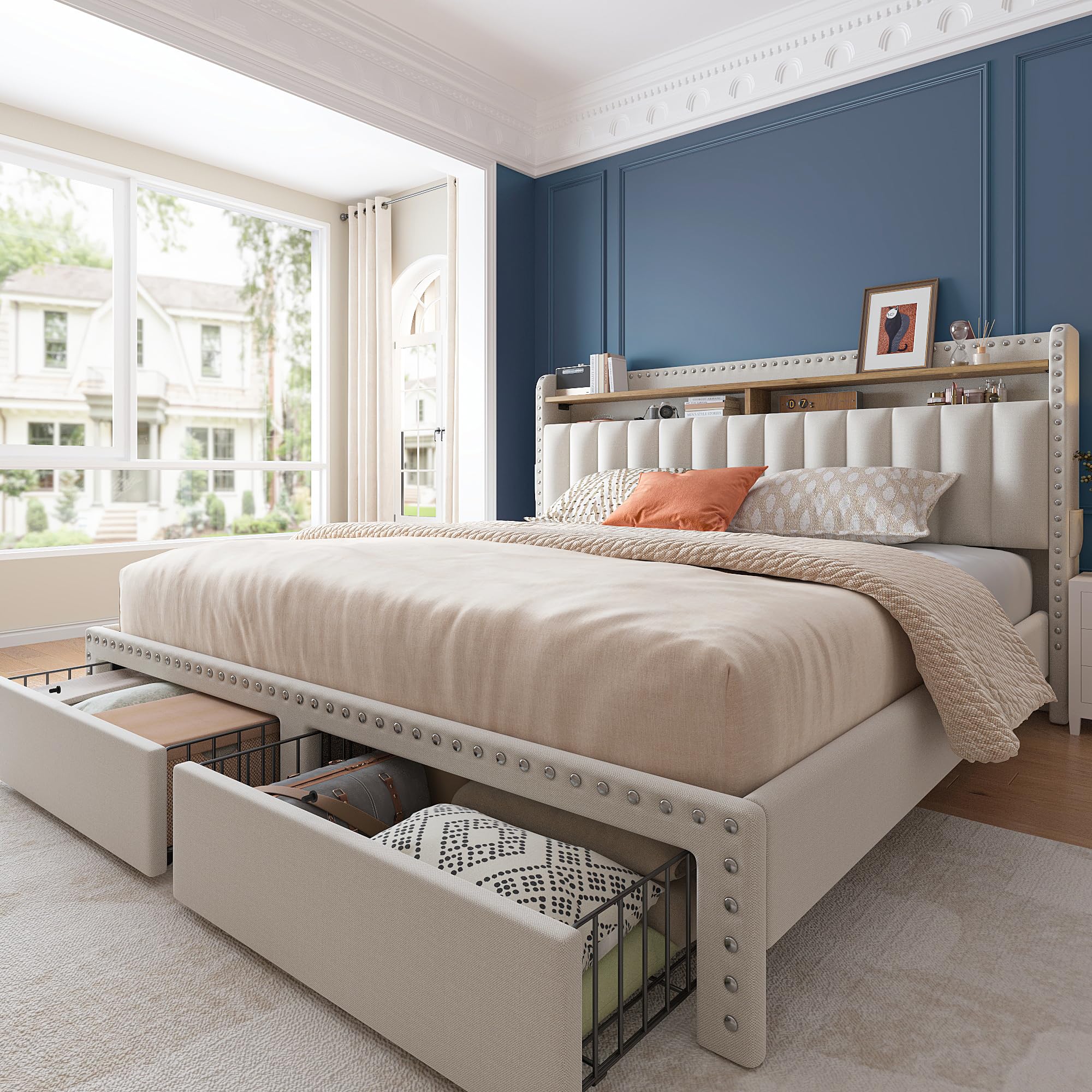 Enhomee Queen Bed Frame With Headboard And Storage, Upholstered Queen Bed Frame With Storage, Queen Size Bed Frame With 2 Drawers, Queen Size Bed Frame With Storage, No Noise,No Box Spring Needed