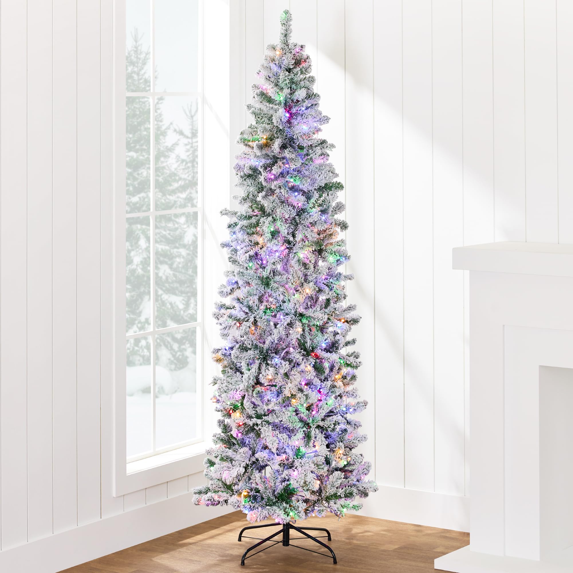 Best Choice Products Flocked Pencil Christmas Tree, Pre-Lit Slim 6ft Artificial Holiday Decoration, 2-in-1 White & Multicolor Li