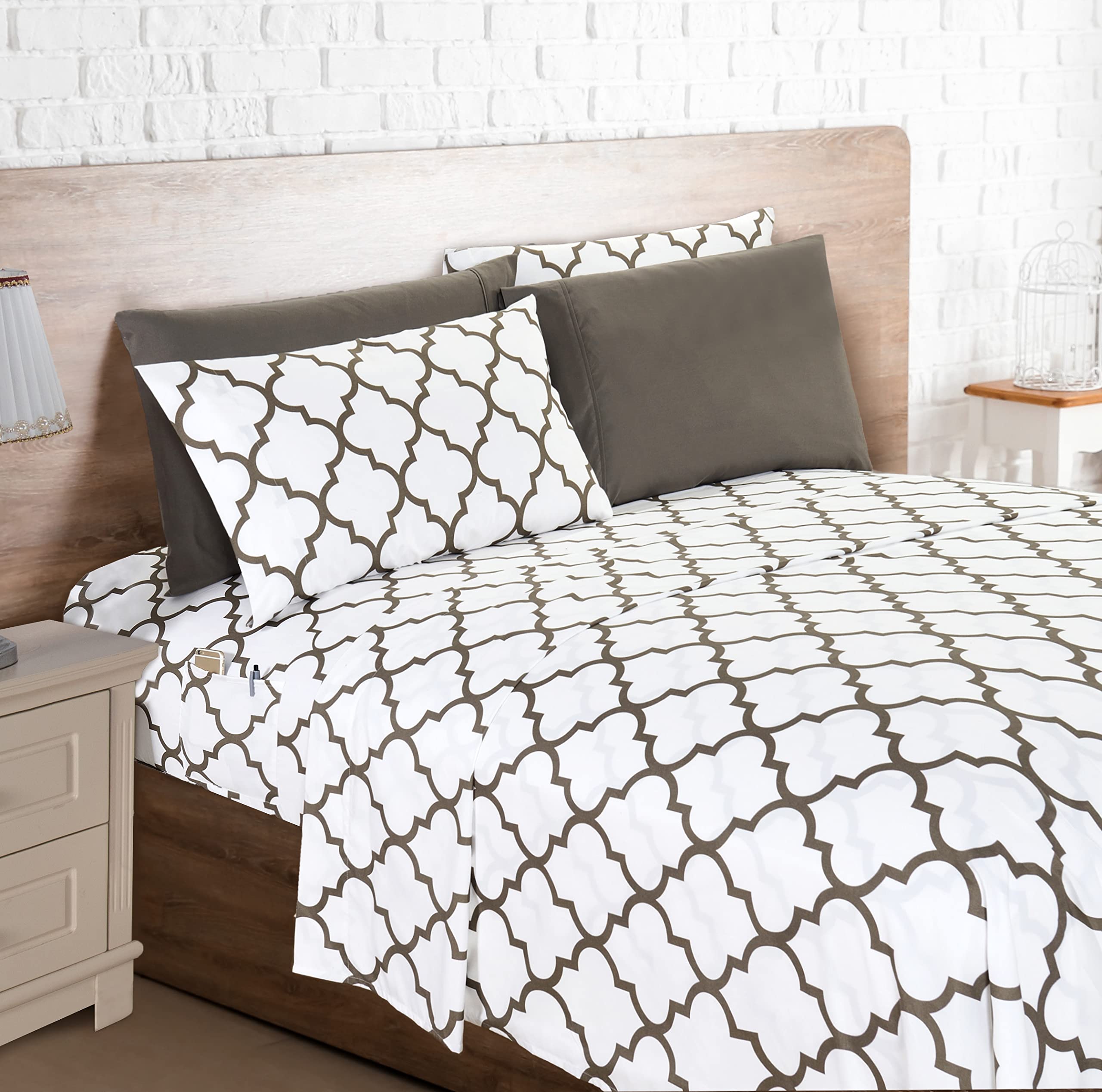 Elegant Comfort 6-Piece Moroccan Trellis Print Sheet Set, Super Cozy, Fade And Wrinkle Resistant, 1500 Premium Hotel Quality Microfiber, Deep Pocket Fitted Sheet With Smart Pockets, Queen, White