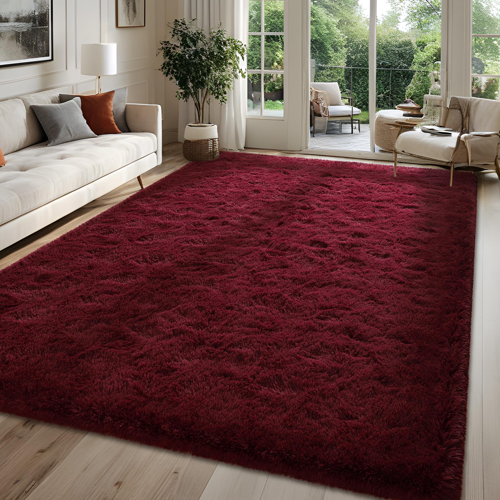 FALARK Large Soft Area Rugs for Bedroom Living Room, 8x10 ft Wine Red Fluffy Rug Carpets for Girls Kids Room, Shaggy Fuzzy Indoo