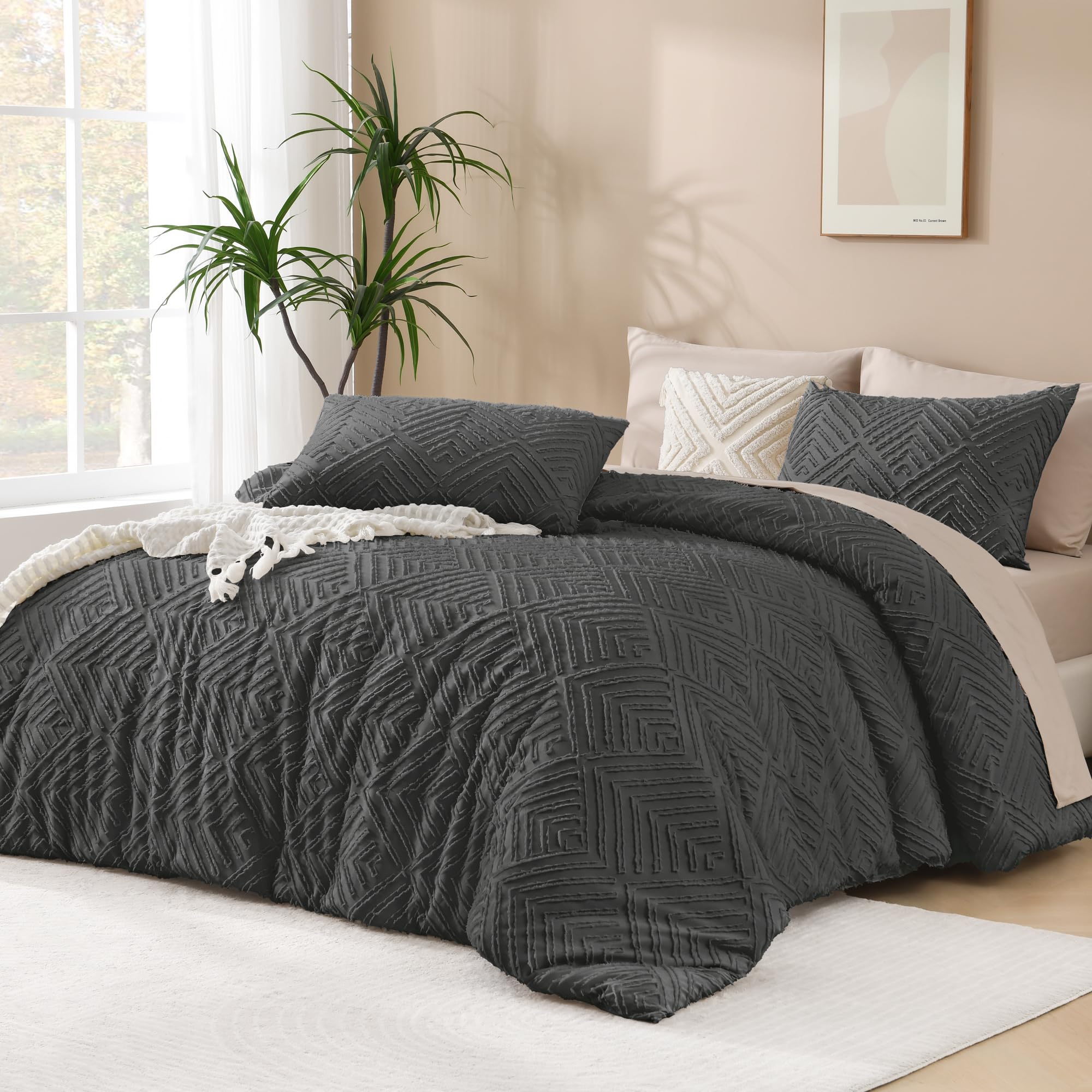 Andency Dark Grey Comforter Set Queen, Gray Lightweight Fluffy Bedding Comforter Sets For Queen Bed, 3 Pieces Tufted Farmhouse S