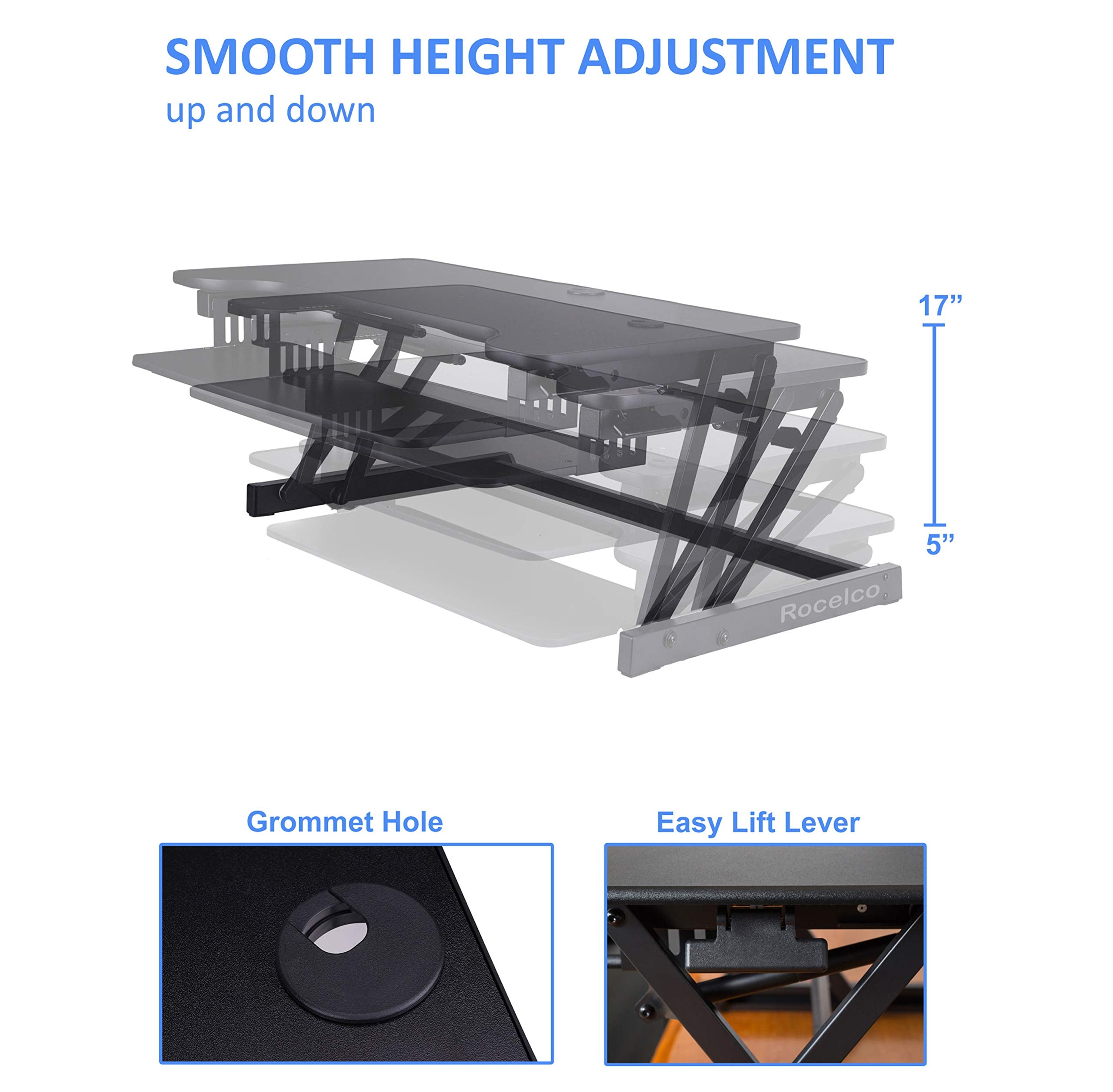 Rocelco 40" Large Height Adjustable Standing Desk Converter with Dual Monitor Mount BUNDLE - Quick Sit Stand Up Computer Workstation Riser - Retractable Keyboard Tray - Black (R DADRB-40-DM2)