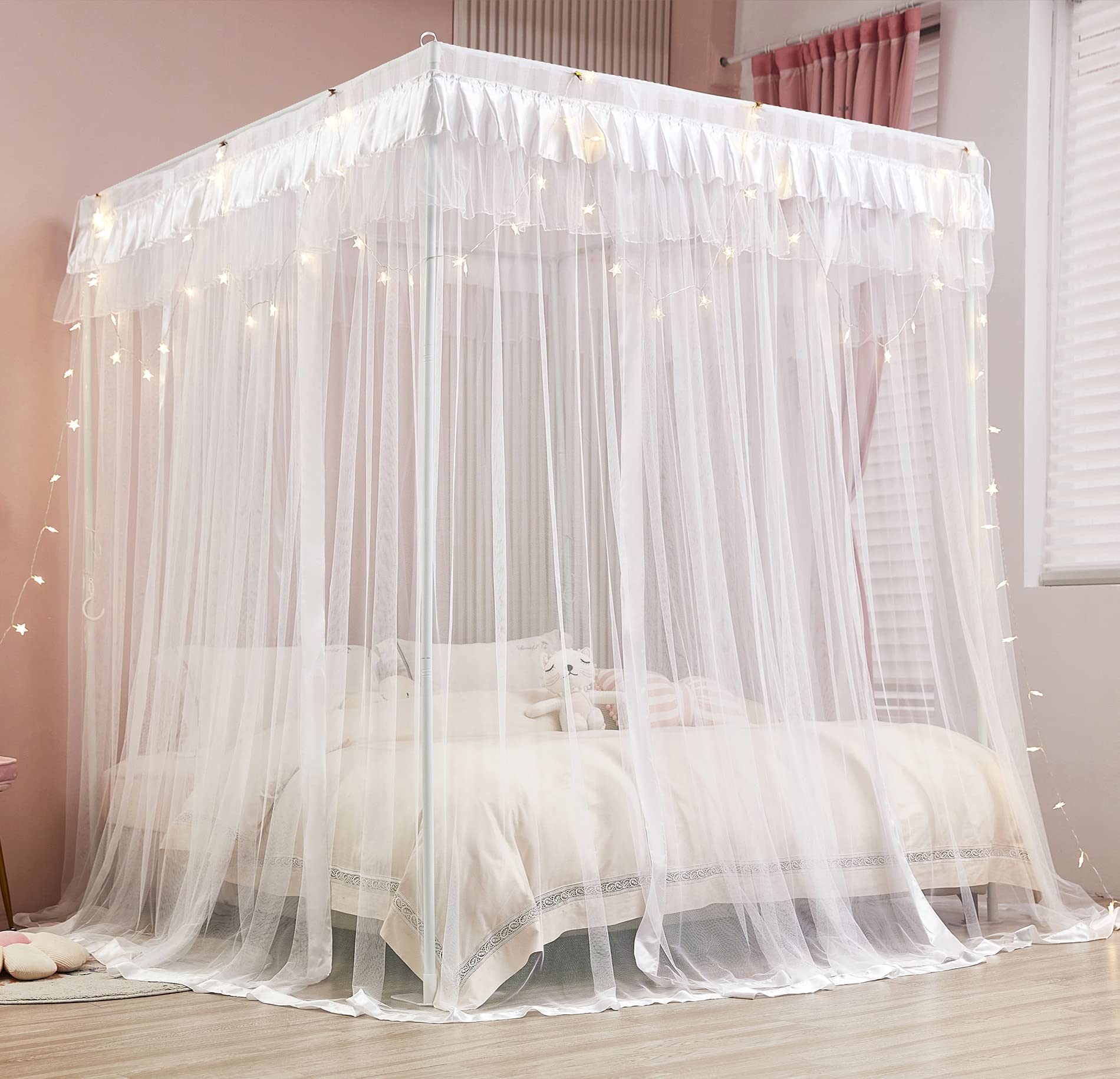 Mengersi Queen Size 4 Corners Post Canopy Bed Curtains Polyester White Princess Bedroom Decoration