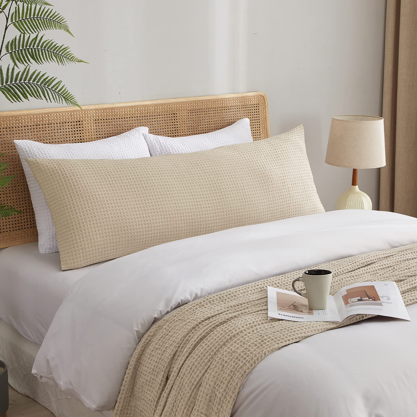 Phf Ultra Soft Waffle Weave Body Pillowcase 20' X 54', No Insert, Breathable & Skin-Friendly Body Pillow Sham With Zipper, Decorative Waffle Weave Body Pillow Cover, Khaki