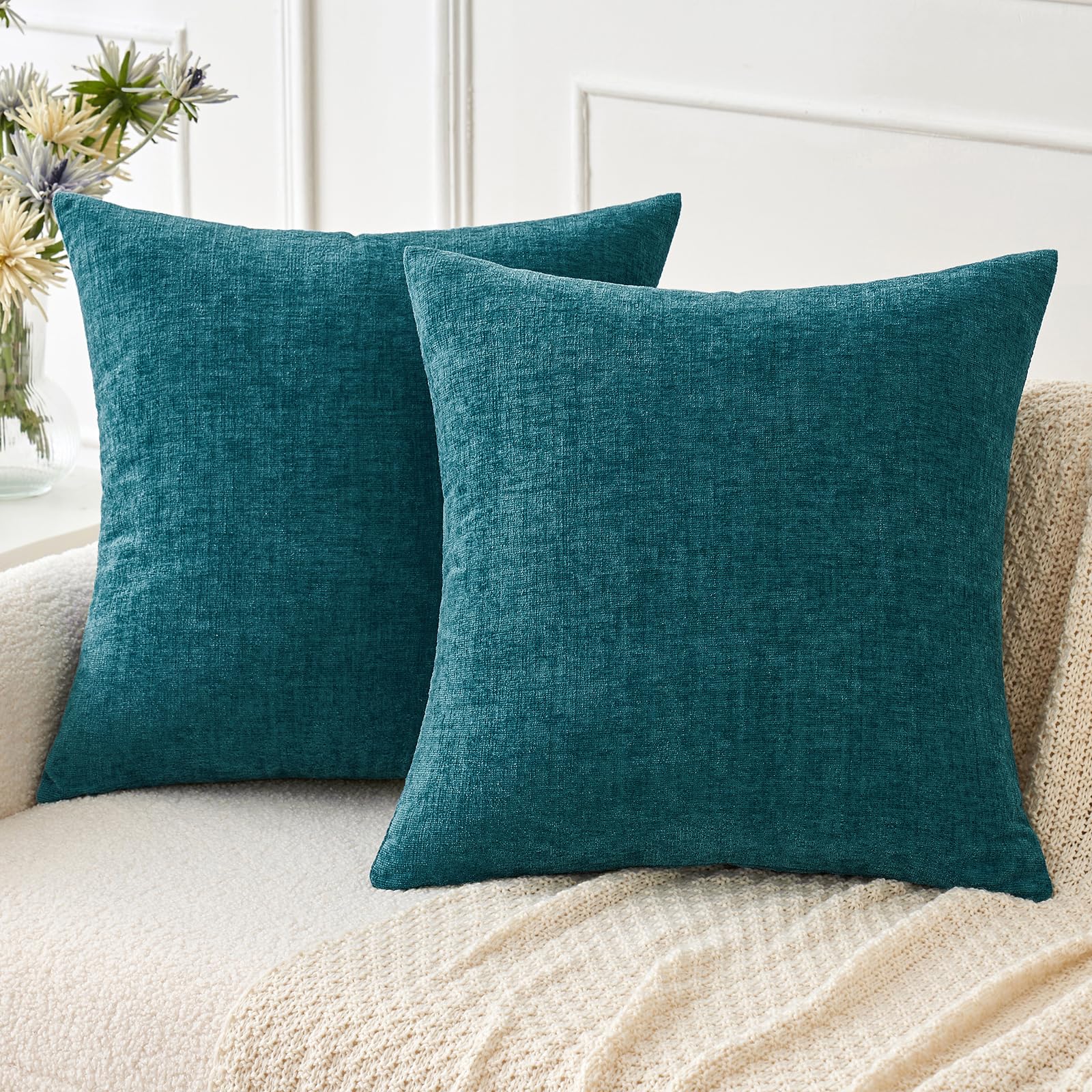 Miulee Pack Of 2 Dark Teal Throw Pillow Covers 18X18 Inch Soft Chenille Pillow Covers For Sofa Living Room Couch Solid Dyed Case