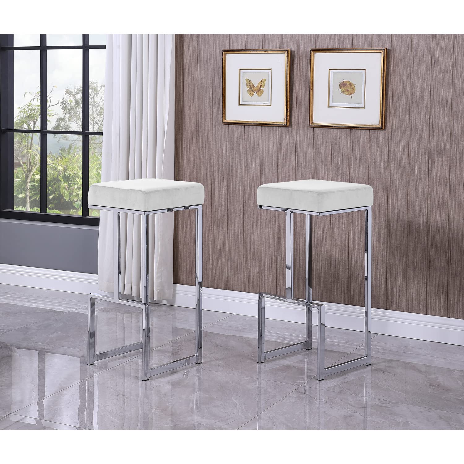Best Master Furniture Dorrington Velvet Backless Bar Stool in White/Silver (Set of 2)