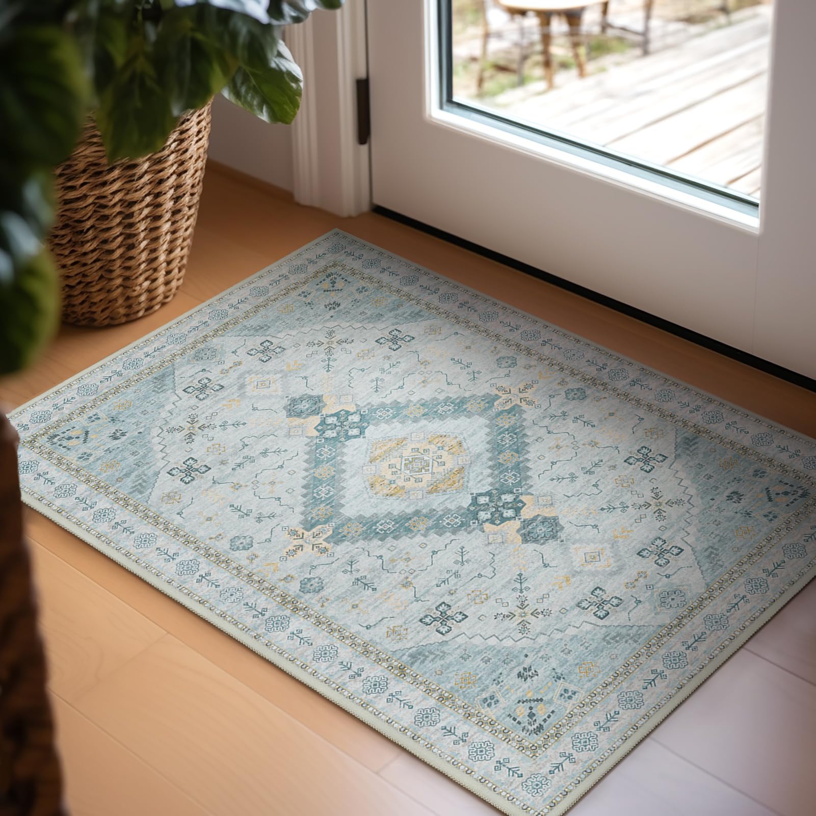 Ashler Entryway Rug, 2x3 Vintage Entryway Rugs, Boho Rugs for Entryway, Bedroom, Kitchen, Light Cyan/Blue Home Decor, Non-Slip &