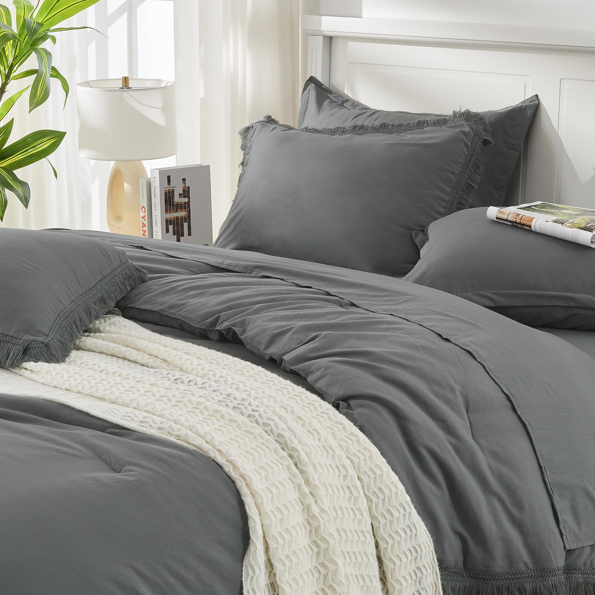 Andency Dark Grey King Size Comforter Set With Sheets - 7 Pieces Boho Tassel Bed In A Bag Soft Lightweight Bedding Sets, Dark Grey Fringe Bed Set With Comforter, Sheets, Pillowcases & Shams