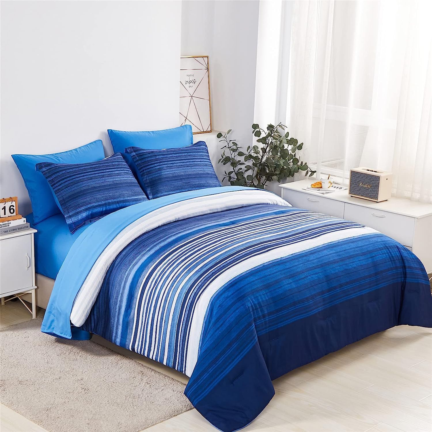 Kakijumn 5 Piece Bed In A Bag Stripe Comforter Set Twin Size, White And Blue Patchwork Striped Comforter And Sheet Set, All Seas
