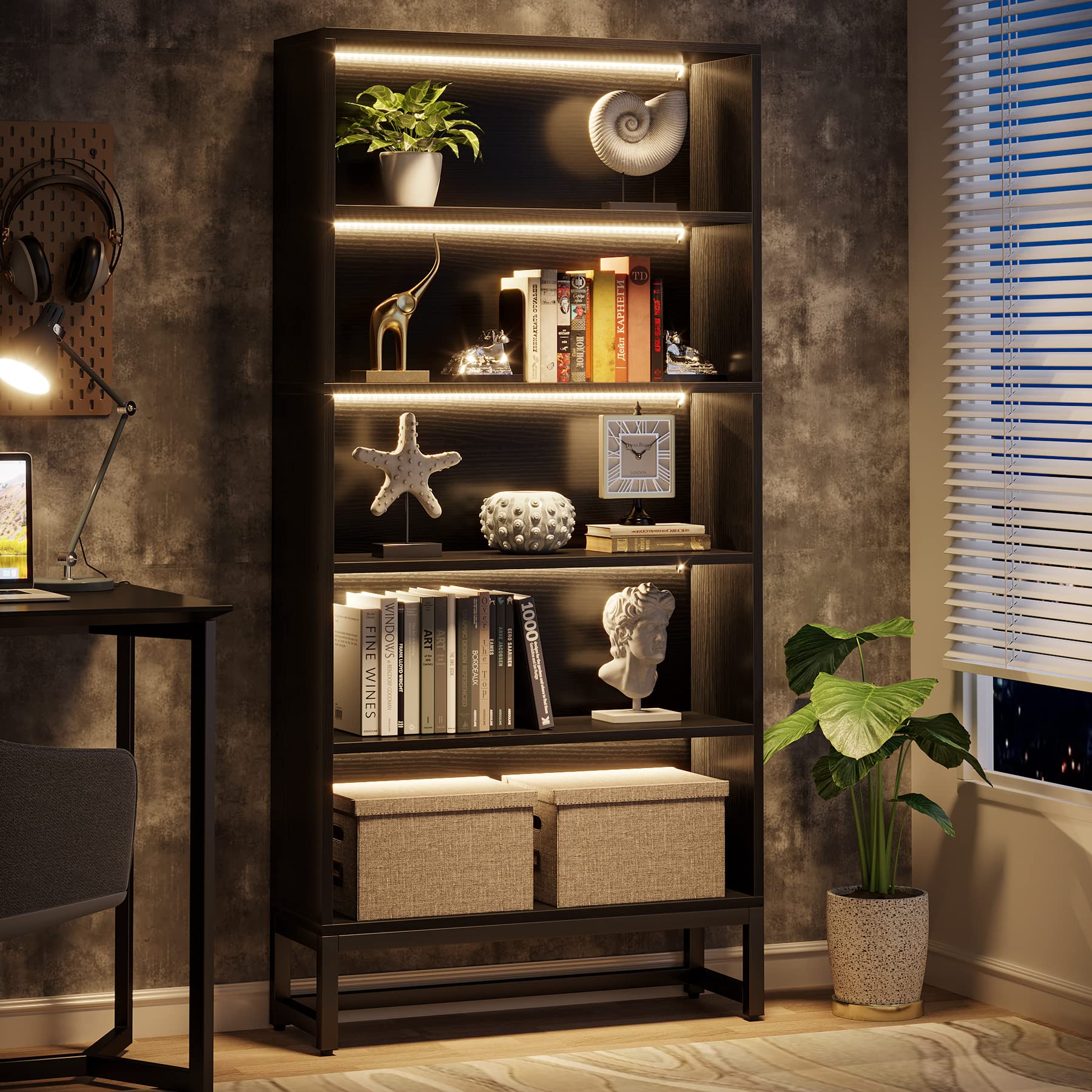 Tribesigns Tall Bookcase Black Bookshelf, 70.8” Large Bookcases Organizer With Led Lights, Heavy Duty Free-Standing Library Bookshelf With 5-Tier Storage Shelves For Living Room, Bedroom (Black)