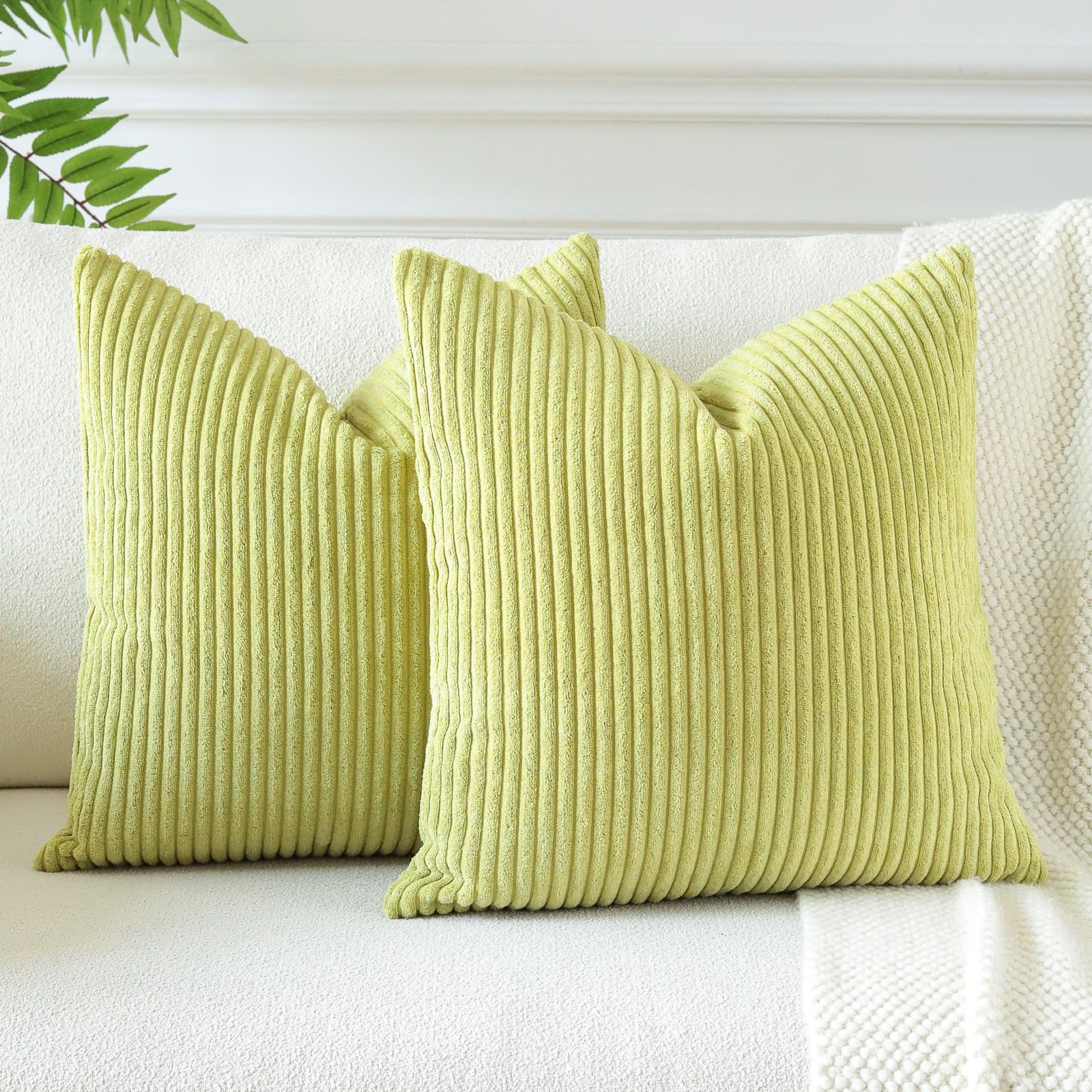 Otostar Decorative Throw Pillow Covers 16 X 16 Inch Soft Corduroy Cushion Covers Striped Solid Square Pillow Cases For Couch Bedroom Home Sofa Farmhouse Boho Living Room Decor Set Of 2 (Bud Green)