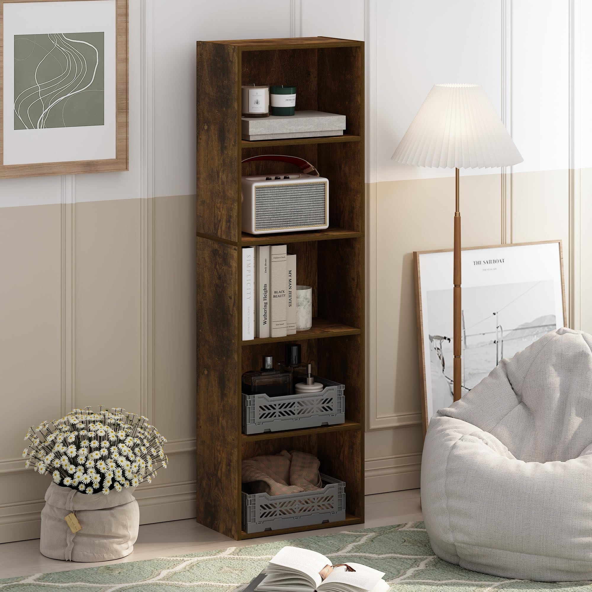 Furinno Luder 5-Tier Reversible Color Open Shelf Bookcase, Amber Pine