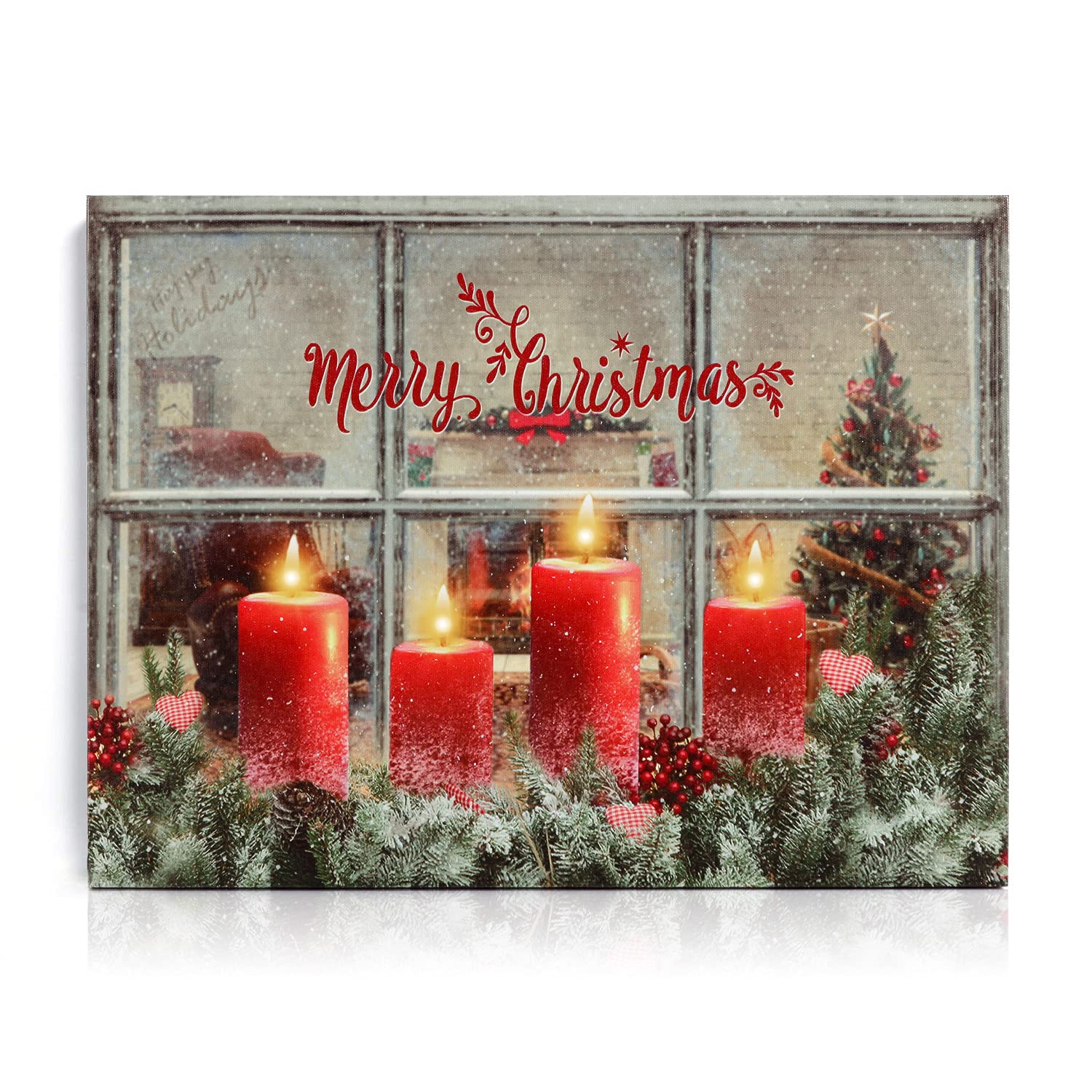 NIKKY HOME 16 x 12 Christmas LED Lighted Canvas Wall Art Prints Light Up Candles Red Berry Picture Window Scene for Holiday Deco
