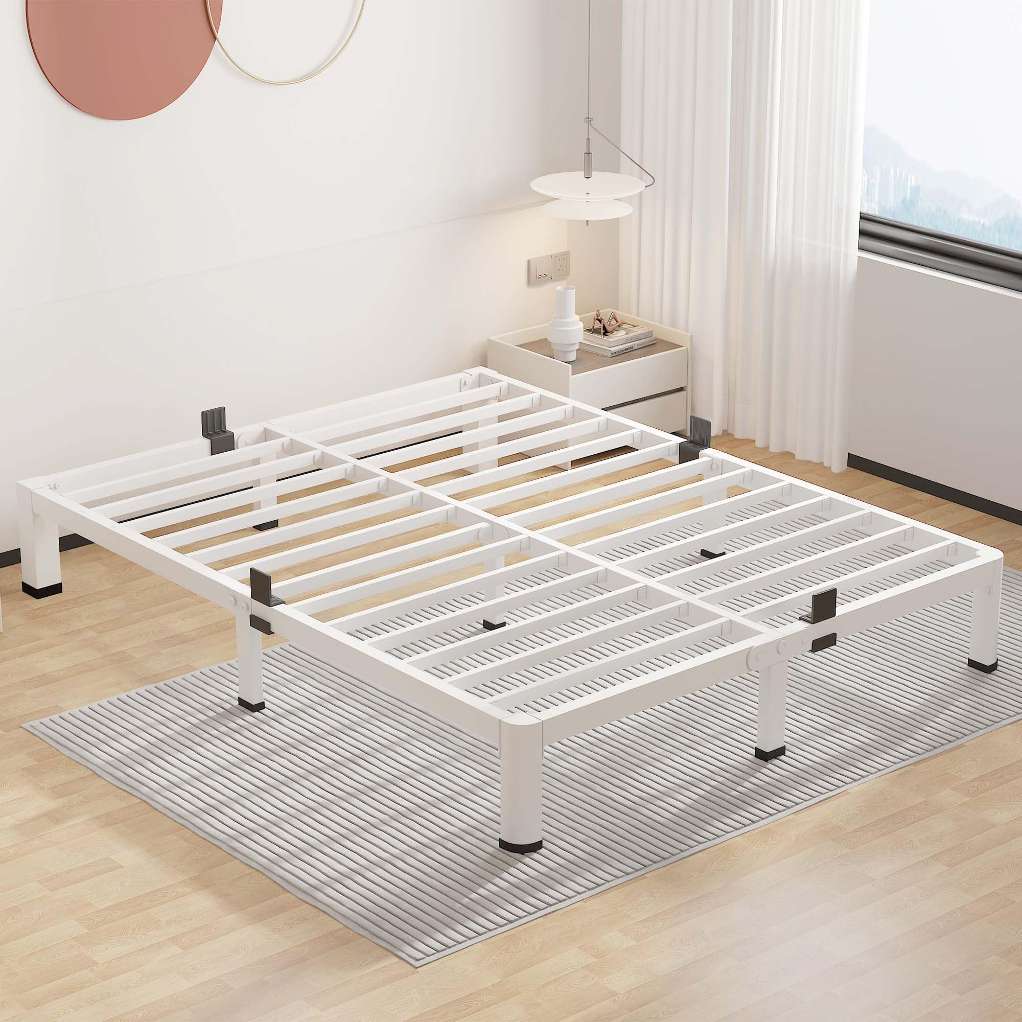 ROIL 7 Inch White Queen Bed Frame with Rounded Corner and Mattress Retainers, 3500LBS Heavy Duty Steel Slats No Box Spring Neede