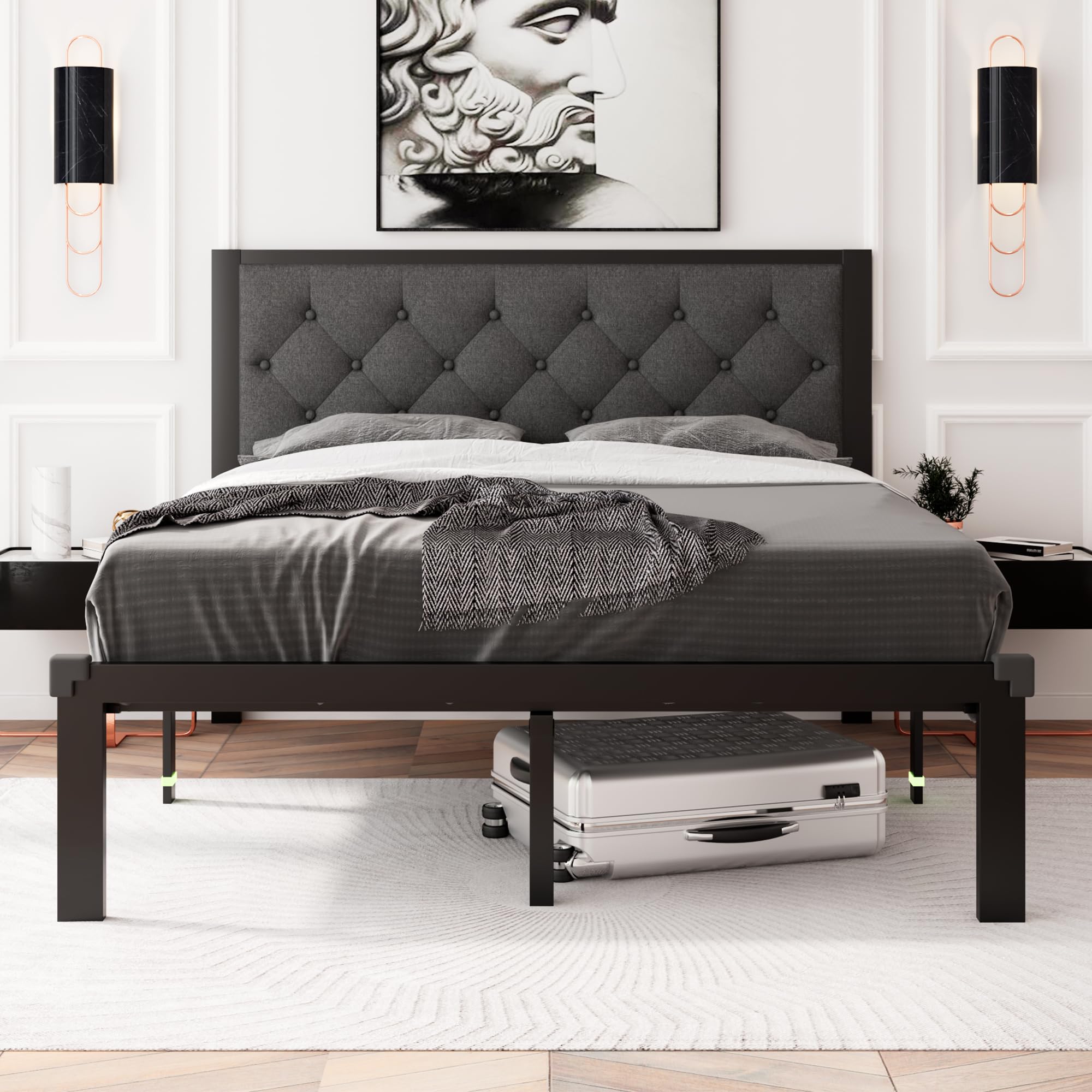 Feonase Full Size Metal Bed Frame, Heavy-Duty Platform Bed Frame With Linen Upholstered Headboard, 12' Storage Space, Steel Slats Support, No Box Spring Needed, Gray