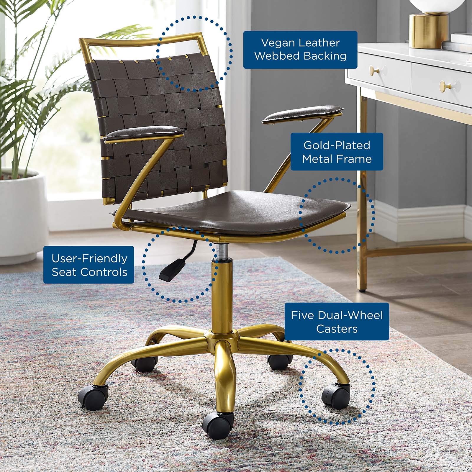 Modway Fuse Webbed Back Faux Leather And Gold Metal Adjustable Office Chair, Brown