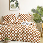 Clothknow Brown Beige Grid Comforter Set Queen 3Pcs Pumpkin Plaid Bedding Comforter Sets Caramel Queen Comforter Checker Queen S