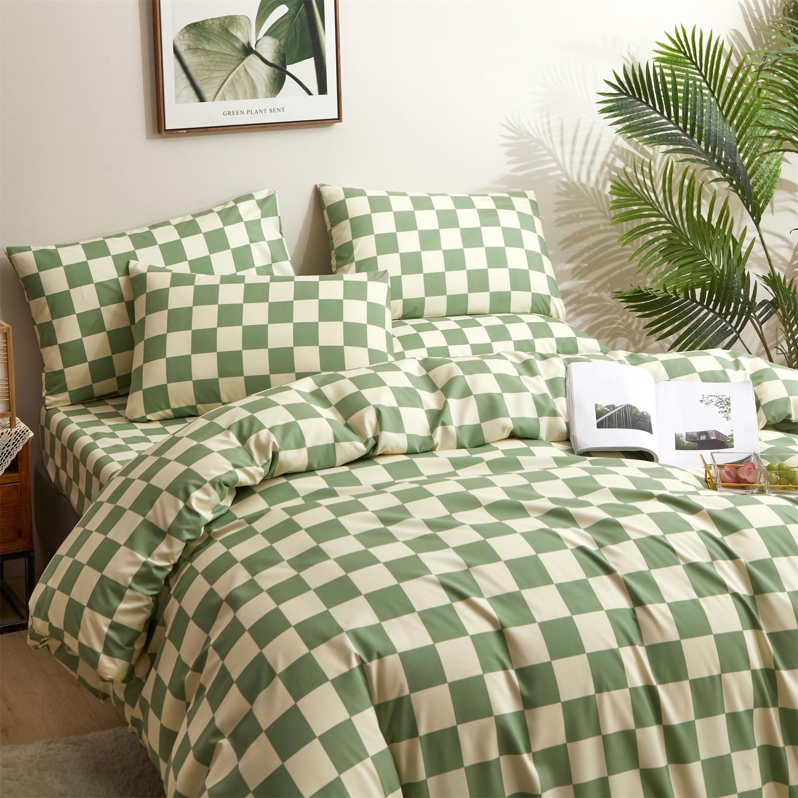 Clothknow Green White Grid Comforter Set Full 3Pcs Plaid Bedding Comforter Sets Sage Green White Comforter Full Size Soft Geomet