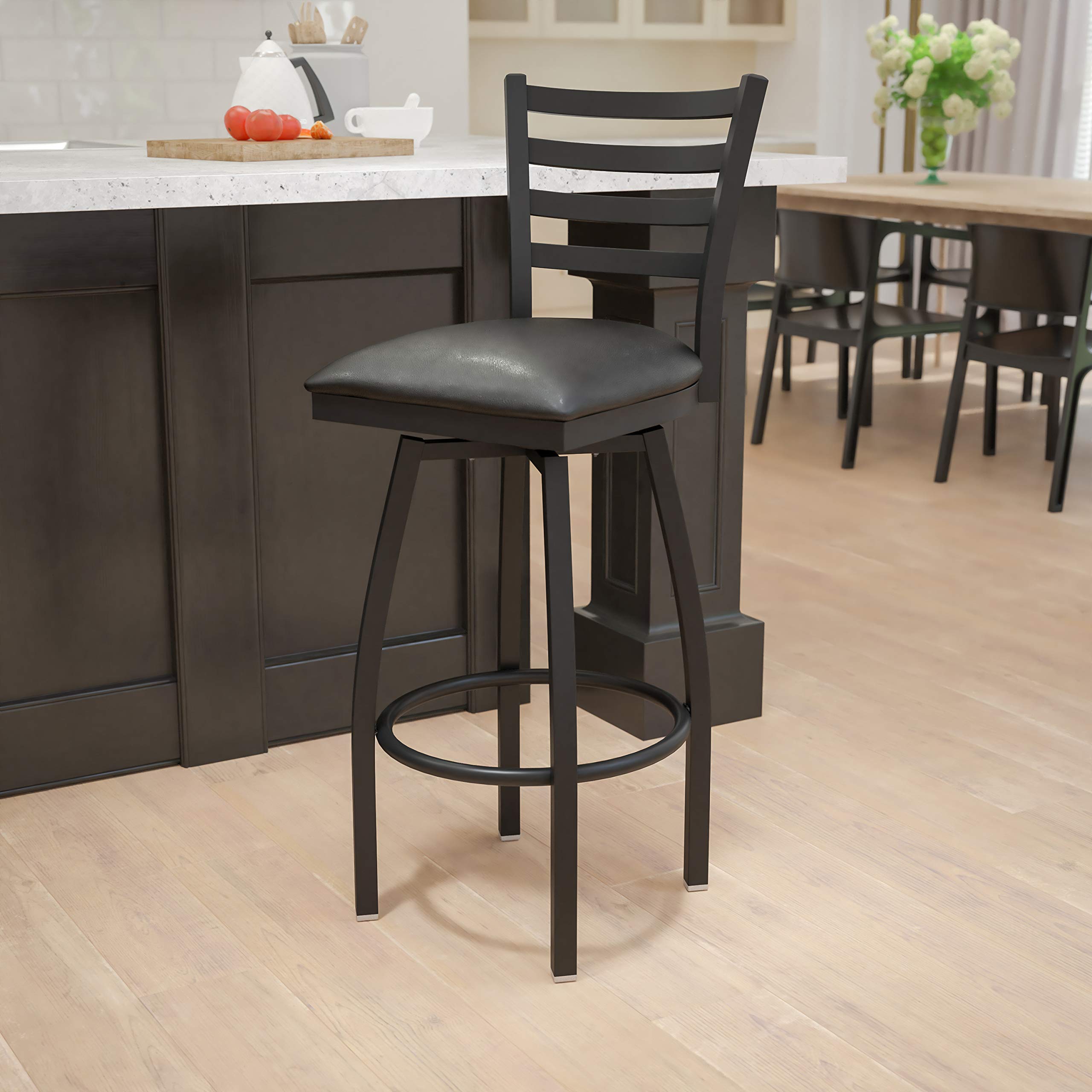Flash Furniture Hercules Series Ladder Back Swivel Barstool, Commercial Grade Modern Metal Bar Stool With Padded 360-Degree Swivel Seat, Black