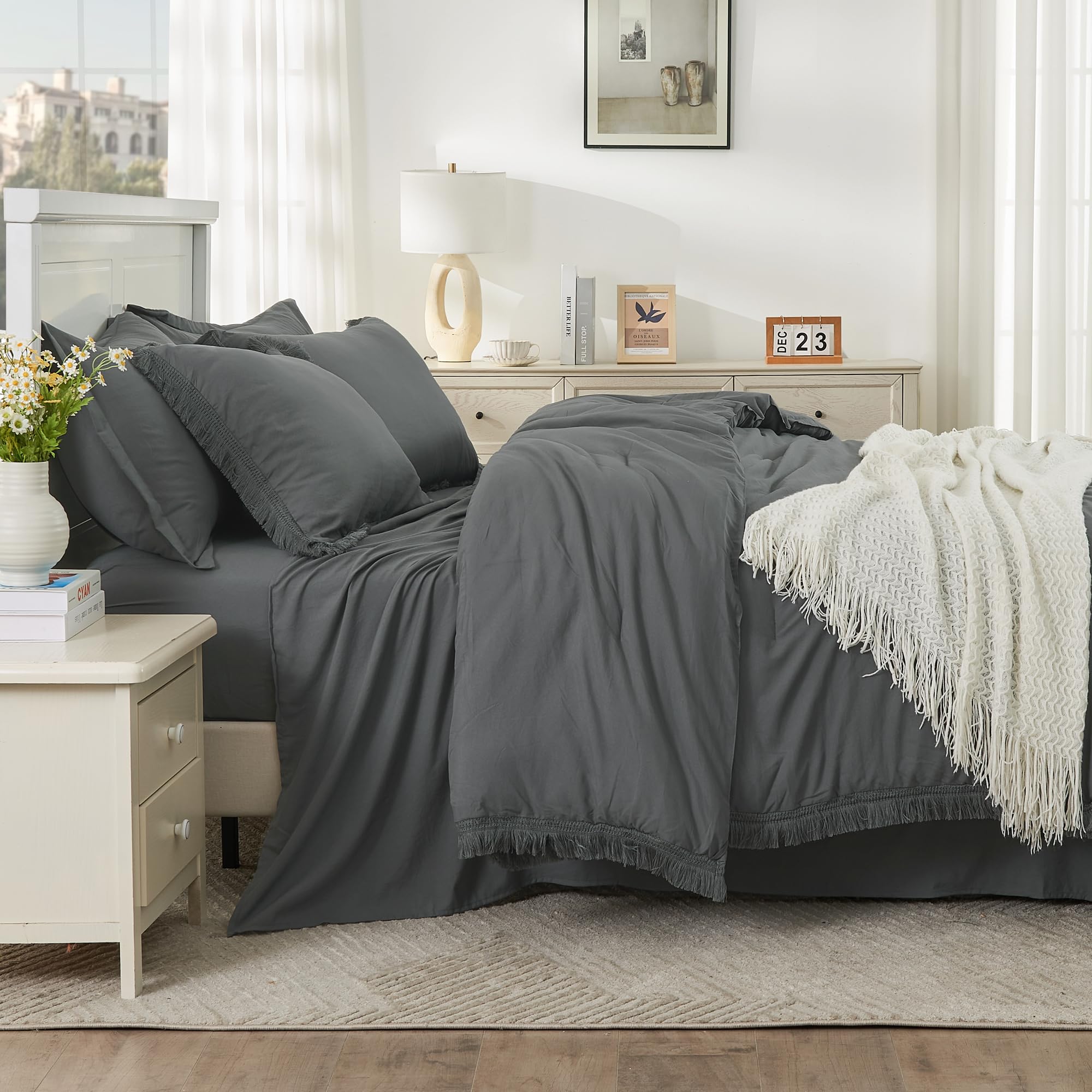 Andency California King Size Comforter Set With Sheets Dark Grey - 7 Pieces Cal King Bed In A Bag Boho Bedding Sets, Dark Grey Bed Set With Comforter, Sheets, Pillowcases & Shams