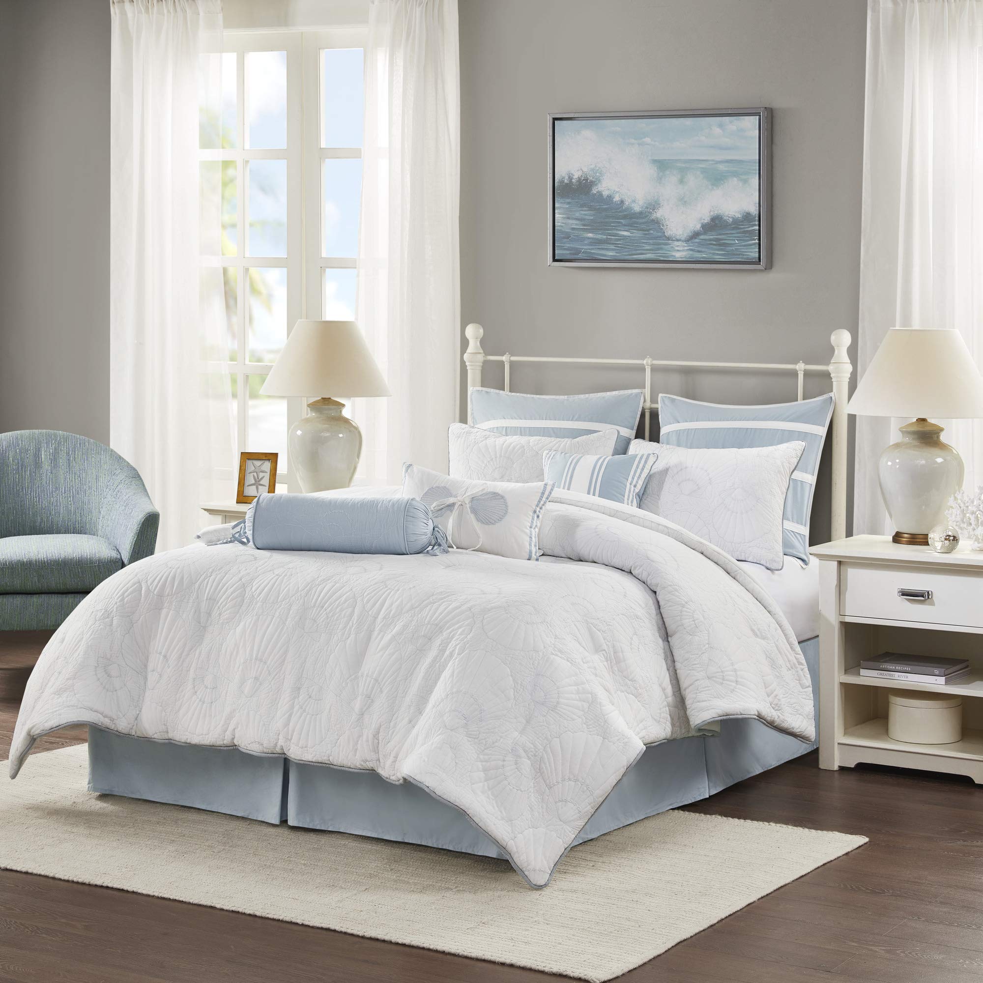 Harbor House Cotton Comforter Set-Coastal Oceanic Sealife Design All Season Down Alternative Bedding With Matching Shams, Bedskirt, Queen(92'X96'), Beach, Quilted Seashell White, 4 Piece