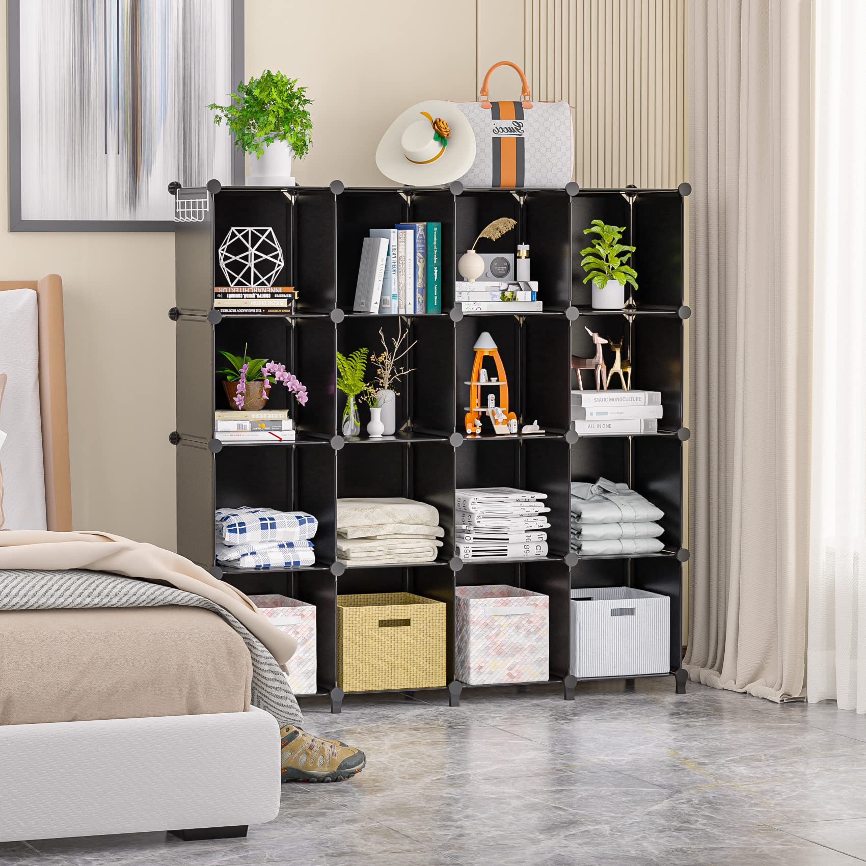 Neprock 16 Cubby Storage Organizer,Closet Clothes Storage Organizer,Cube Shelves Closet Organizers And Storage Shelves For Clothing Storage With Hammer, Bookshelf For Kids(Black)