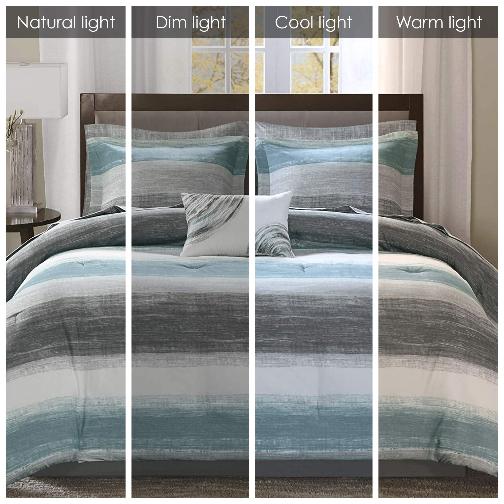 Madison Park Essentials Queen Comforter Set, Bed In A Bag Queen, Watercolor Print Coastal Comforter & Chambray Cotton Sheet Set, All Season Bedding Set, Saben, Aqua Queen (90 In X 90 In) 9 Piece
