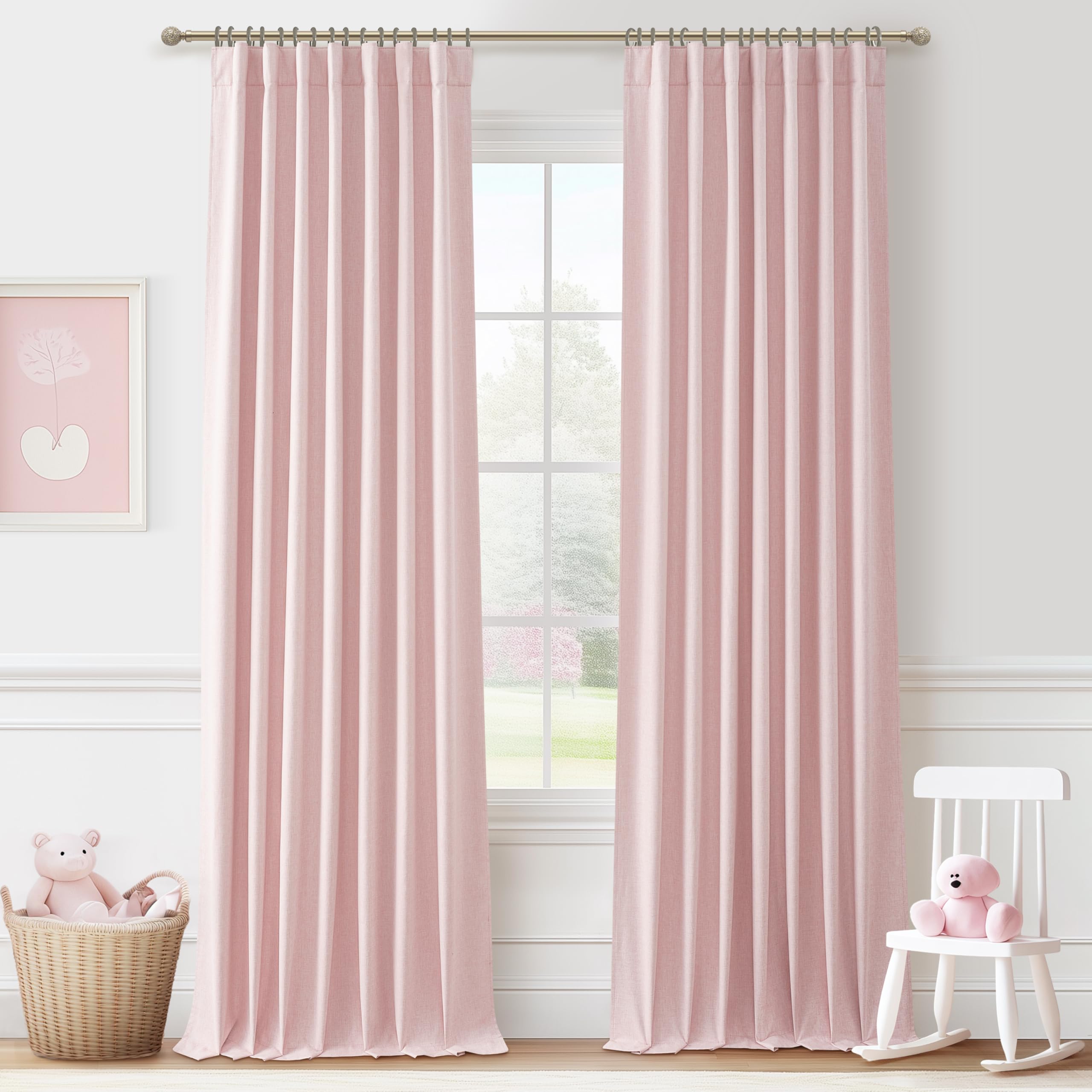 QJmydeco 102 Inch Long Baby Pink Curtains 2 Panels Set for Living Room, Modern Pleated Linen Blend Black Out Aesthetic Curtain f
