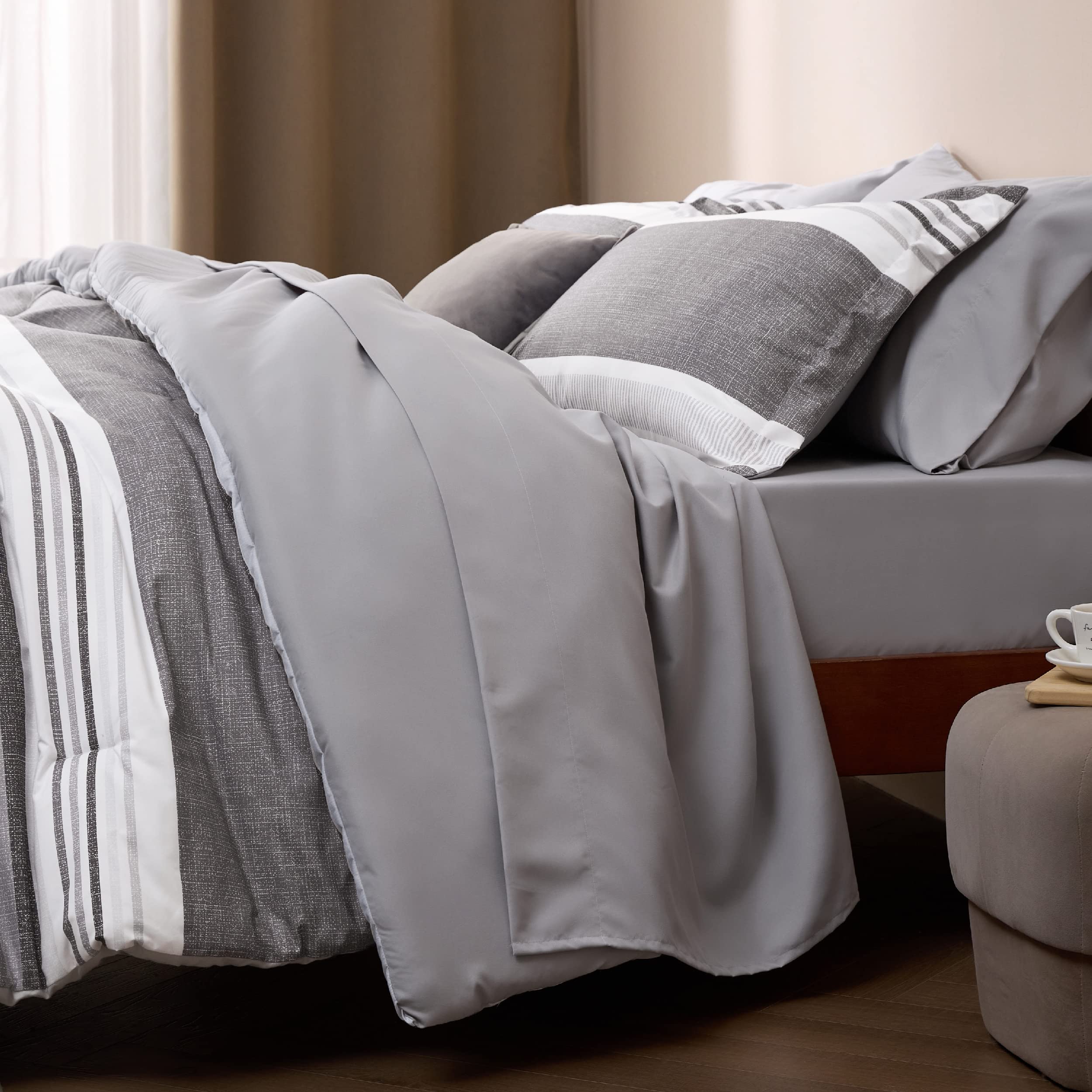 Bedsure King Comforter Set 7 Pieces, Frost Grey Striped Bedding Set For King Size Bed Reversible, Cationic Dyeing Bed In A Bag With Comforter, Sheets, Pillowcases & Shams