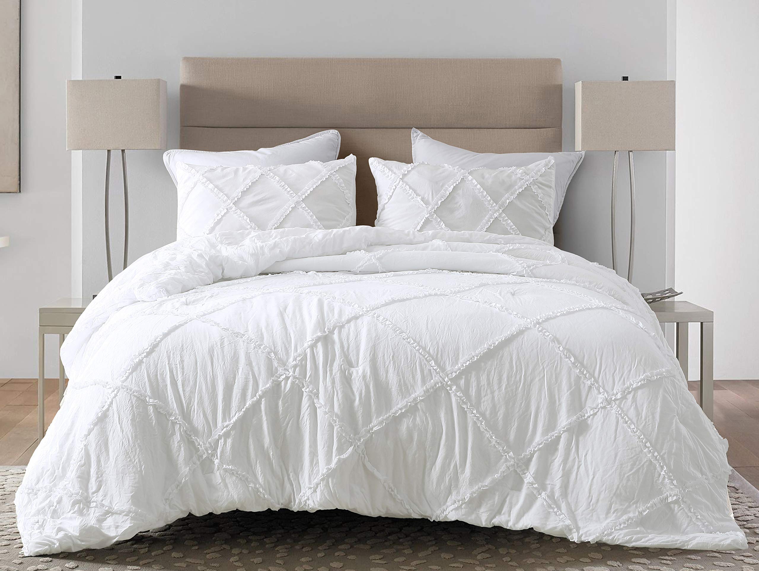 Chezmoi Collection Vivian 3-Piece Diamond Ruffle Quilted Trim Soft Washed Microfiber Comforter Set (Full, White)