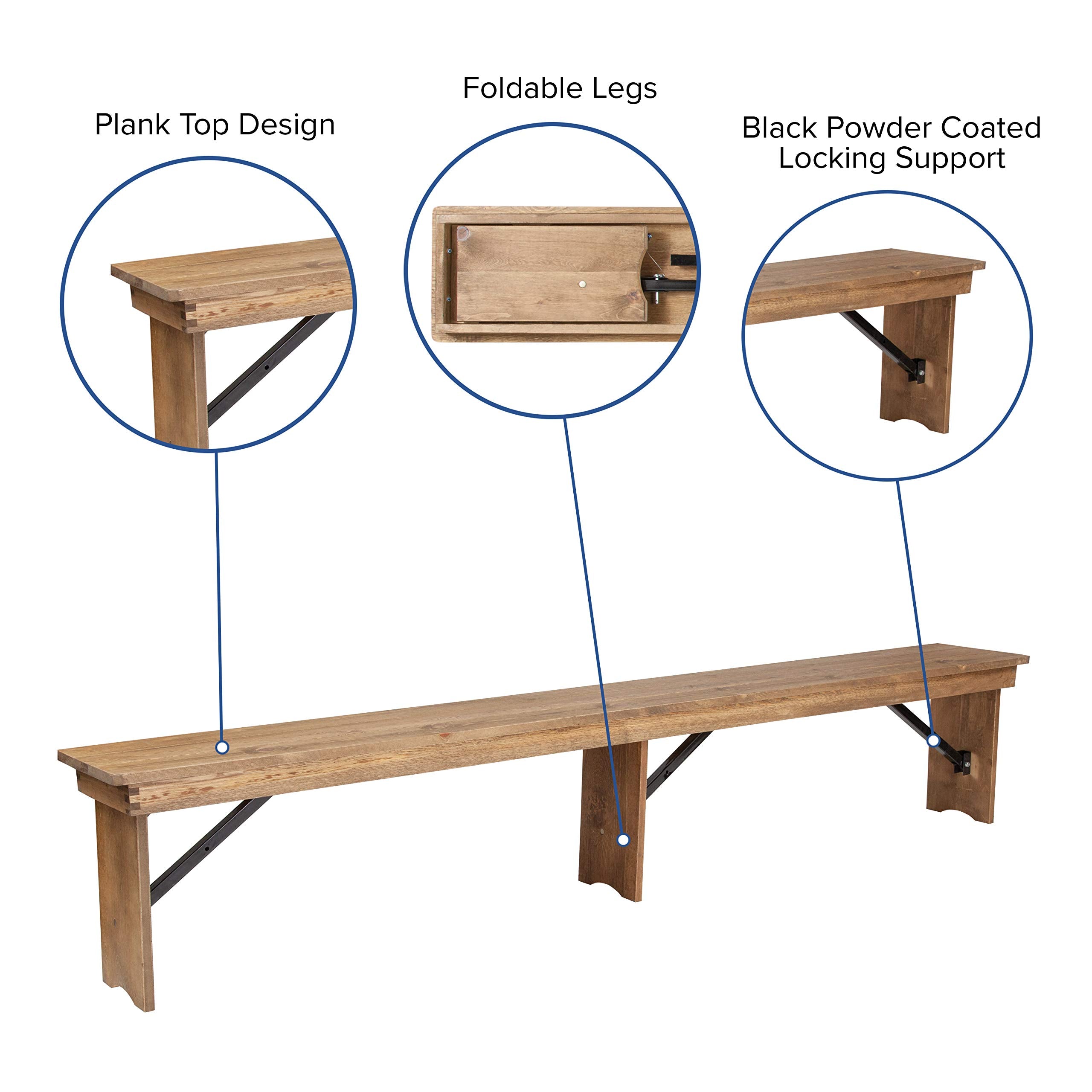 Flash Furniture Hercules Series 8' x 12' Commercial Grade Rustic Solid Pine Folding Bench, Antique Farmhouse 3 Leg Dining Bench, Seats up to 4 Adults