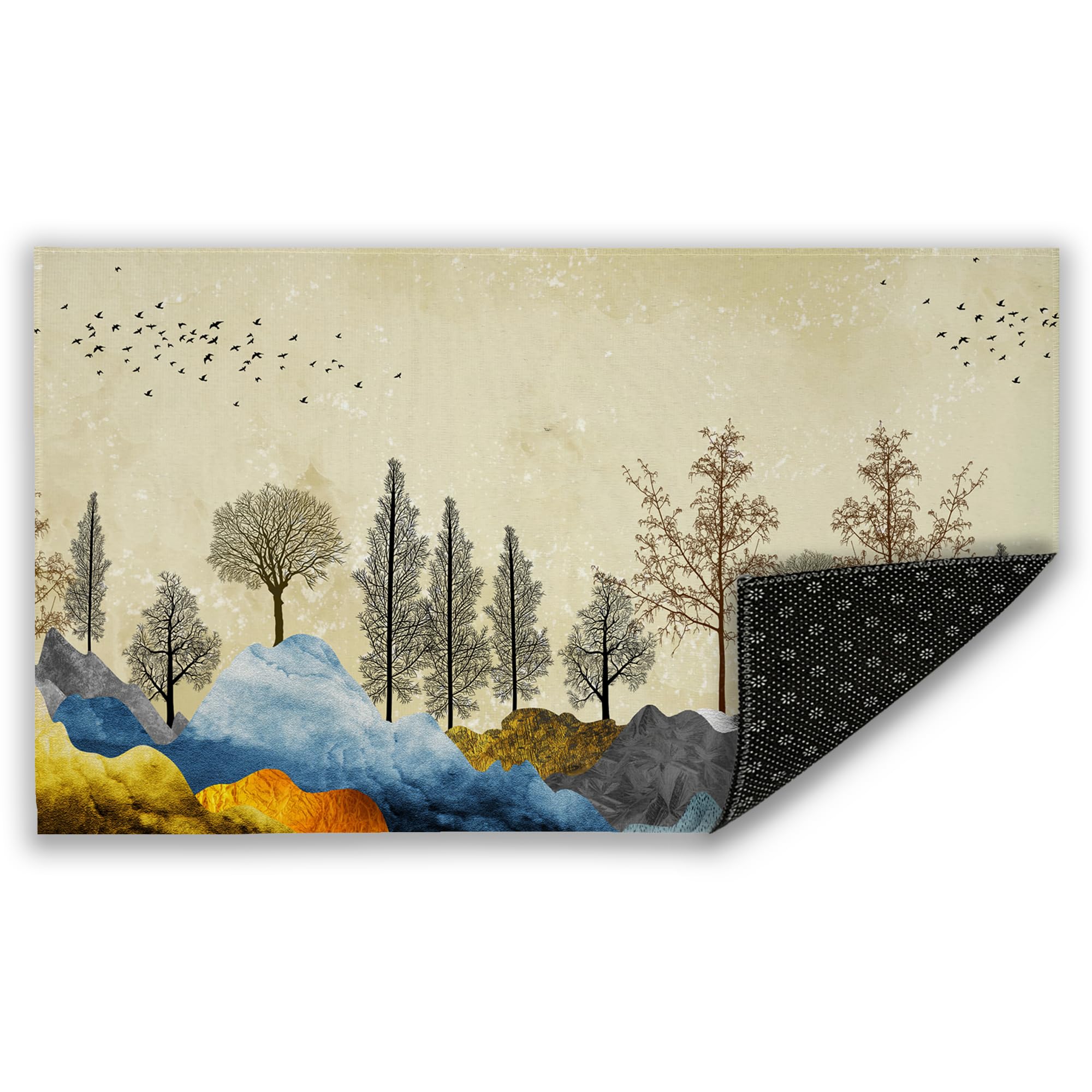 Brown Trees Welcome Door Mat, Golden Flowers Mountains In Light Indoor Outdoor Decor Patio Door Mats Non-Slip Mat For Home Entra