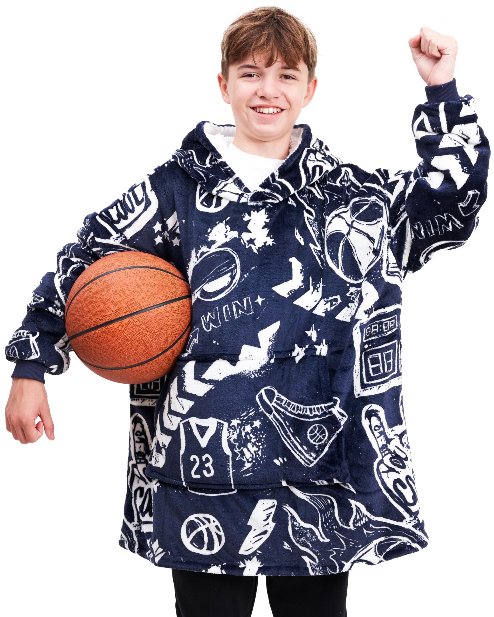 The Big Softy Kids Basketball Graphic Print Oversized Sherpa Blanket Hoodie Blue One Size Fits All