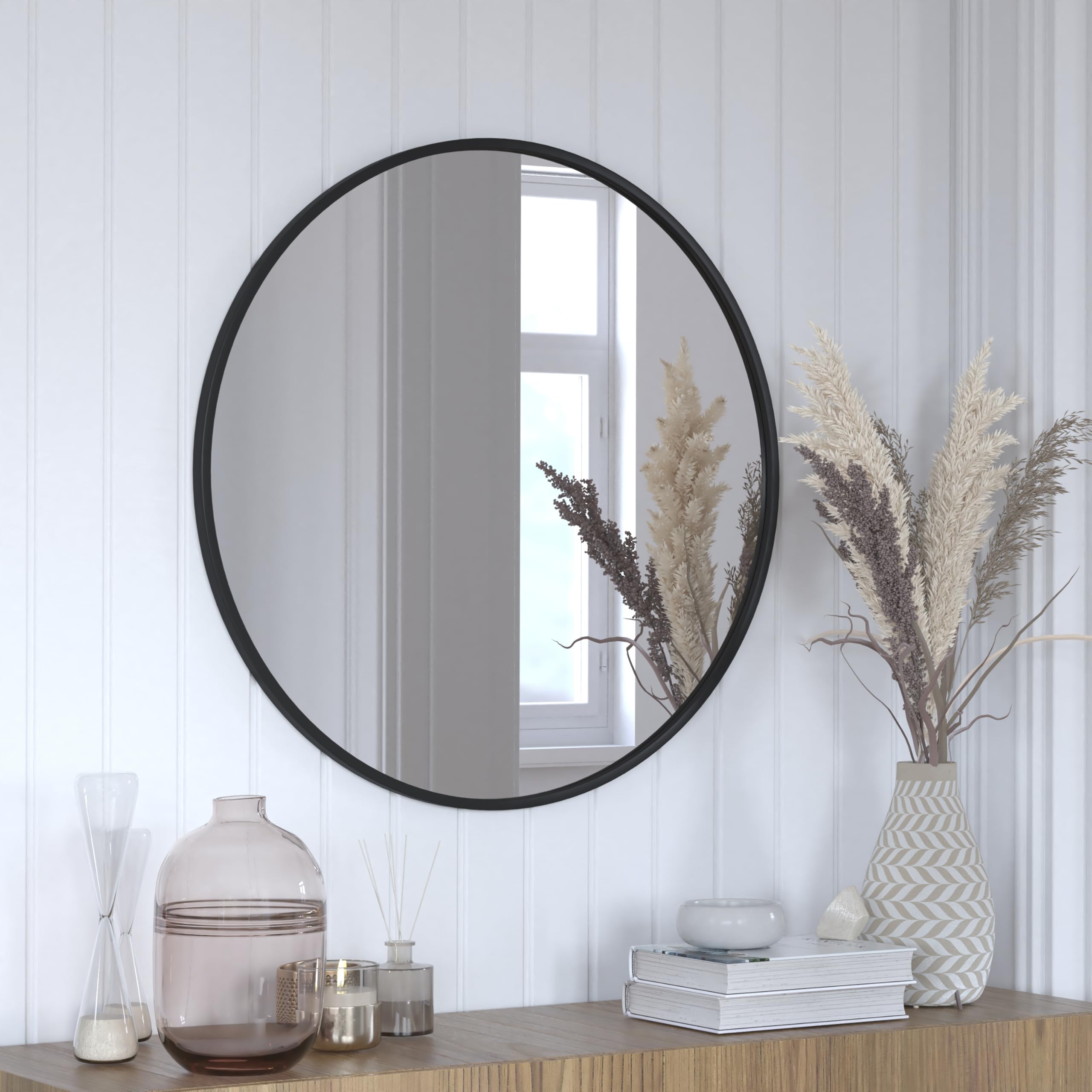 Flash Furniture Julianne Large Round Wall Mirror - Black Circle Accent Mirror - 30 Vanity Mirror - for Bathroom, Vanity, Entrywa