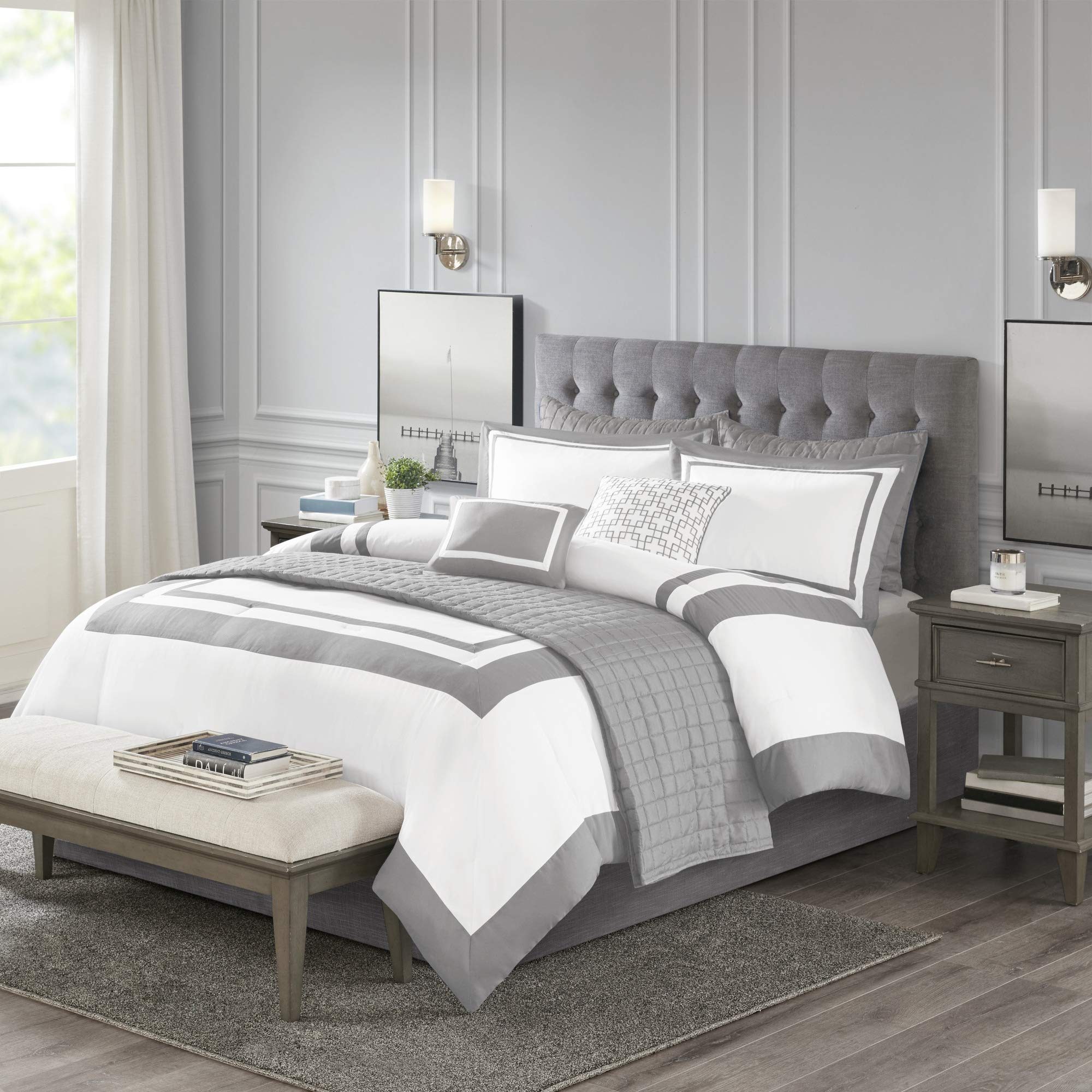 Madison Park Heritage Comforter Quilt Combo Set - Modern Luxury Design, All Season Down Alternative Bedding, Matching Shams, Decorative Pillows, King/Cal King(104'X92'), Color Block Grey 8 Piece