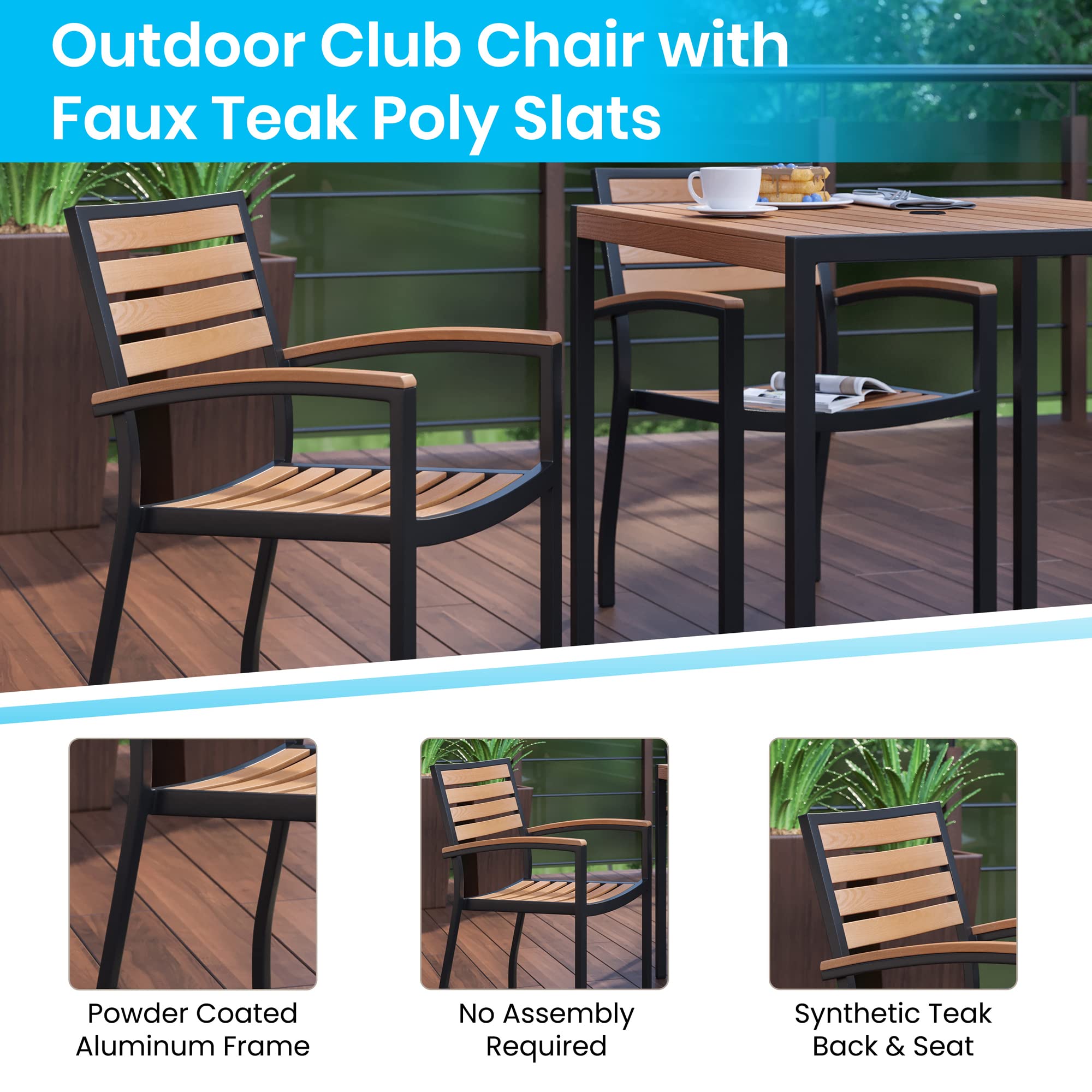 Flash Furniture 5 Piece Patio Dining Table Set - Indoor/Outdoor Black Steel Framed 30" Square Faux Teak Table - 4 Stacking Club Chairs with Teak Accented Arms