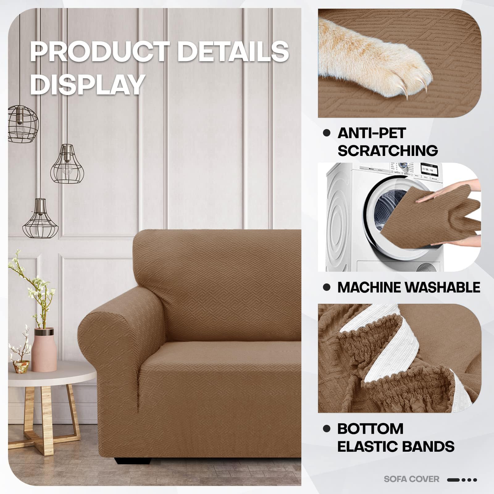 Znsayotx 1 Piece Jacquard Couch Covers For 3 Cushion Couch High Stretch Sofa Cover For Pets Dogs Anti Slip Extra Large Sofa Slipcovers Furniture Protector (X-Large,New Pattern Light Coffee)