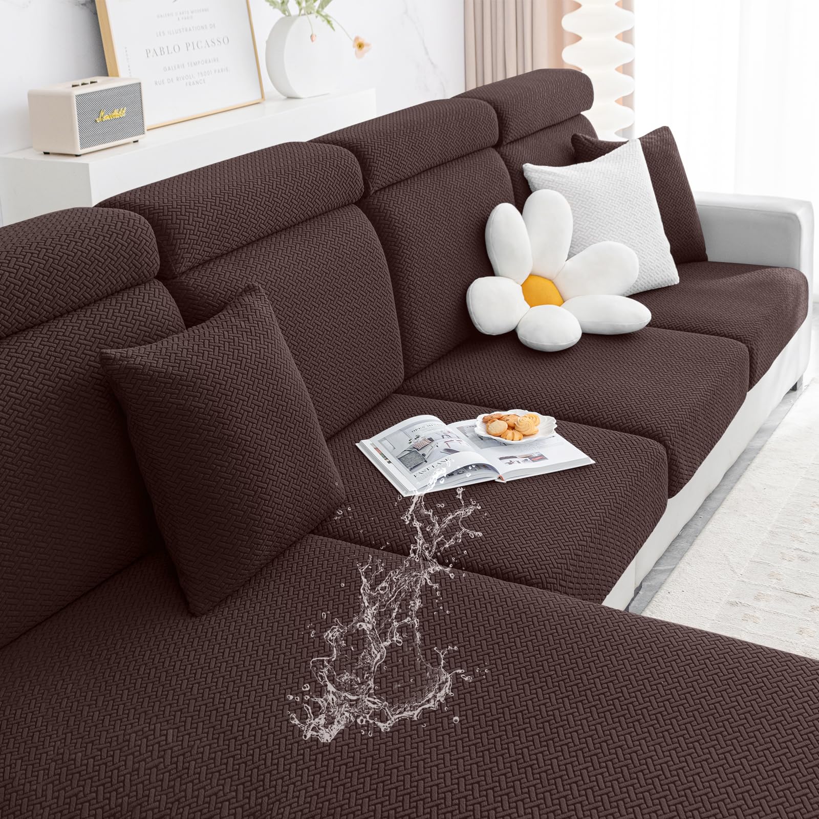 Smiry Waterproof Couch Cushion Covers, Stretch Jacquard Sectional Couch Covers, L Shape Sofa Cushion Covers, Washable Chaise Lounge Cover Elastic Furniture Protector (X-Large Chaise Cover, Chocolate)