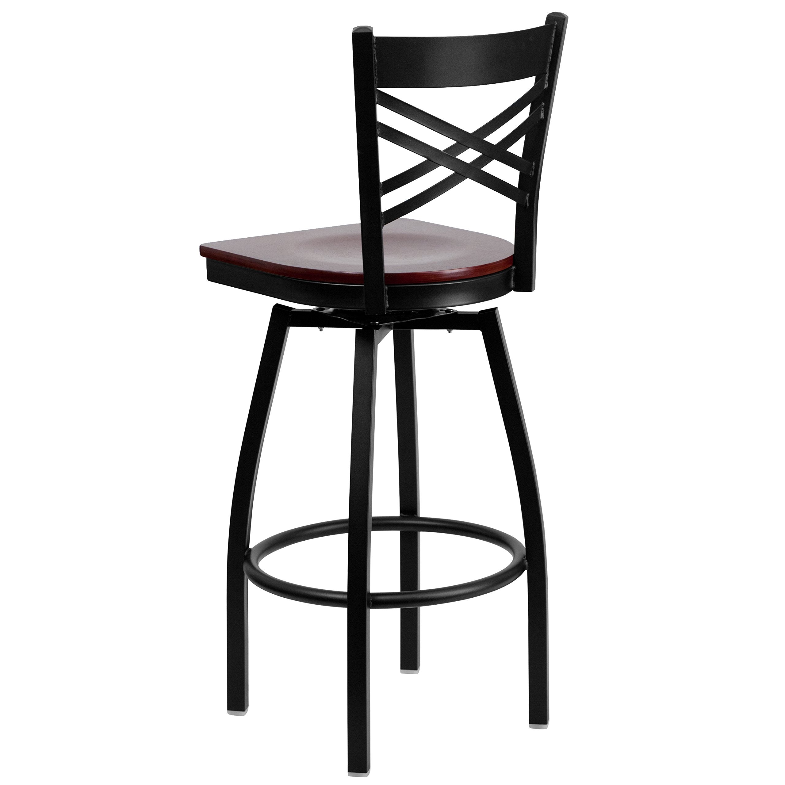 Flash Furniture HERCULES Series Black ''X'' Back Swivel Metal Barstool - Mahogany Wood Seat