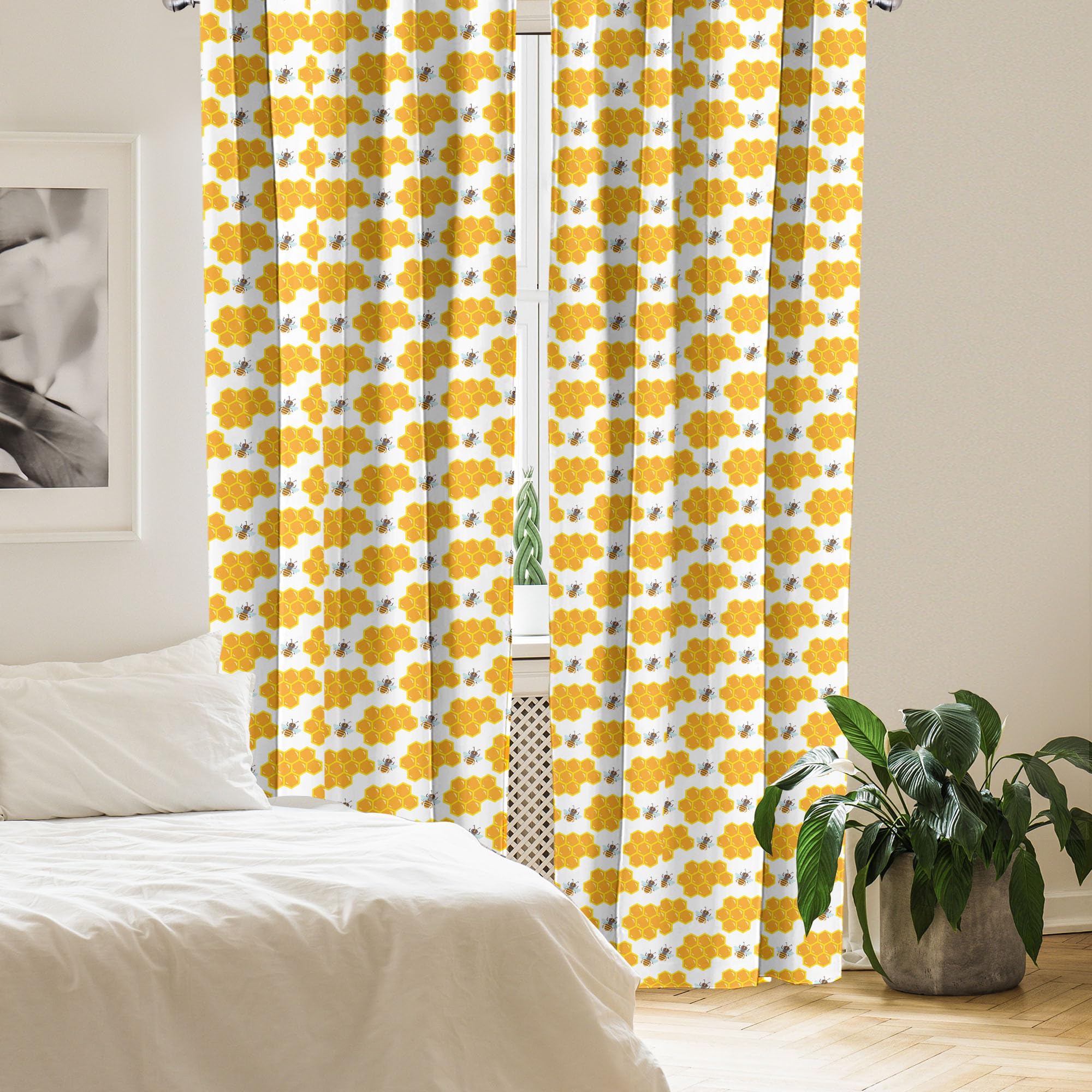 Ambesonne Cartoon Window Curtains, Bumble Bee Along Honey Comb Pattern Hexagonal Themed Illustration, Lightweight Decor 2-Panel