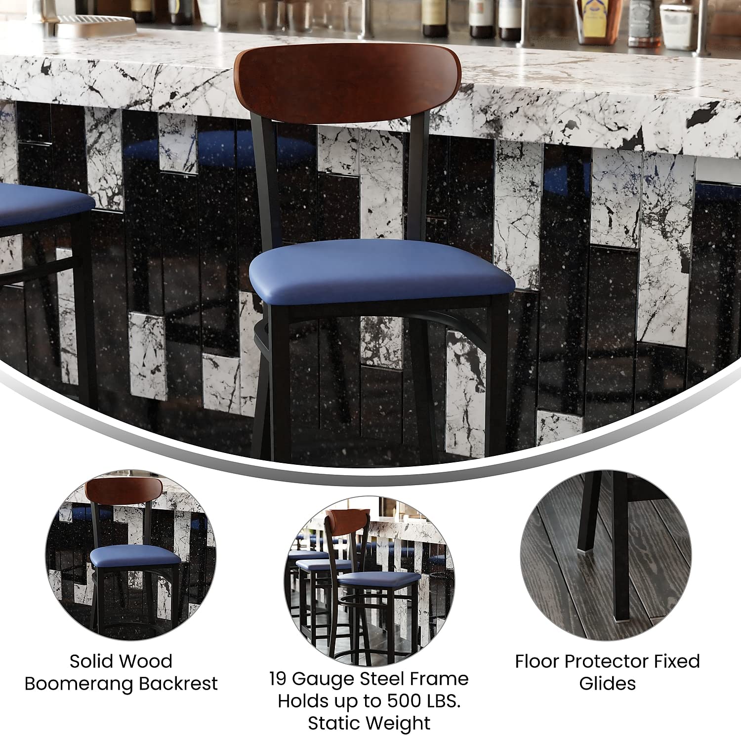 Flash Furniture Wright Commercial Barstool - Walnut Finish Wood Boomerang Back - Blue Vinyl Seat - 500 Lb. Capacity Black Steel Frame - Integrated Footrest