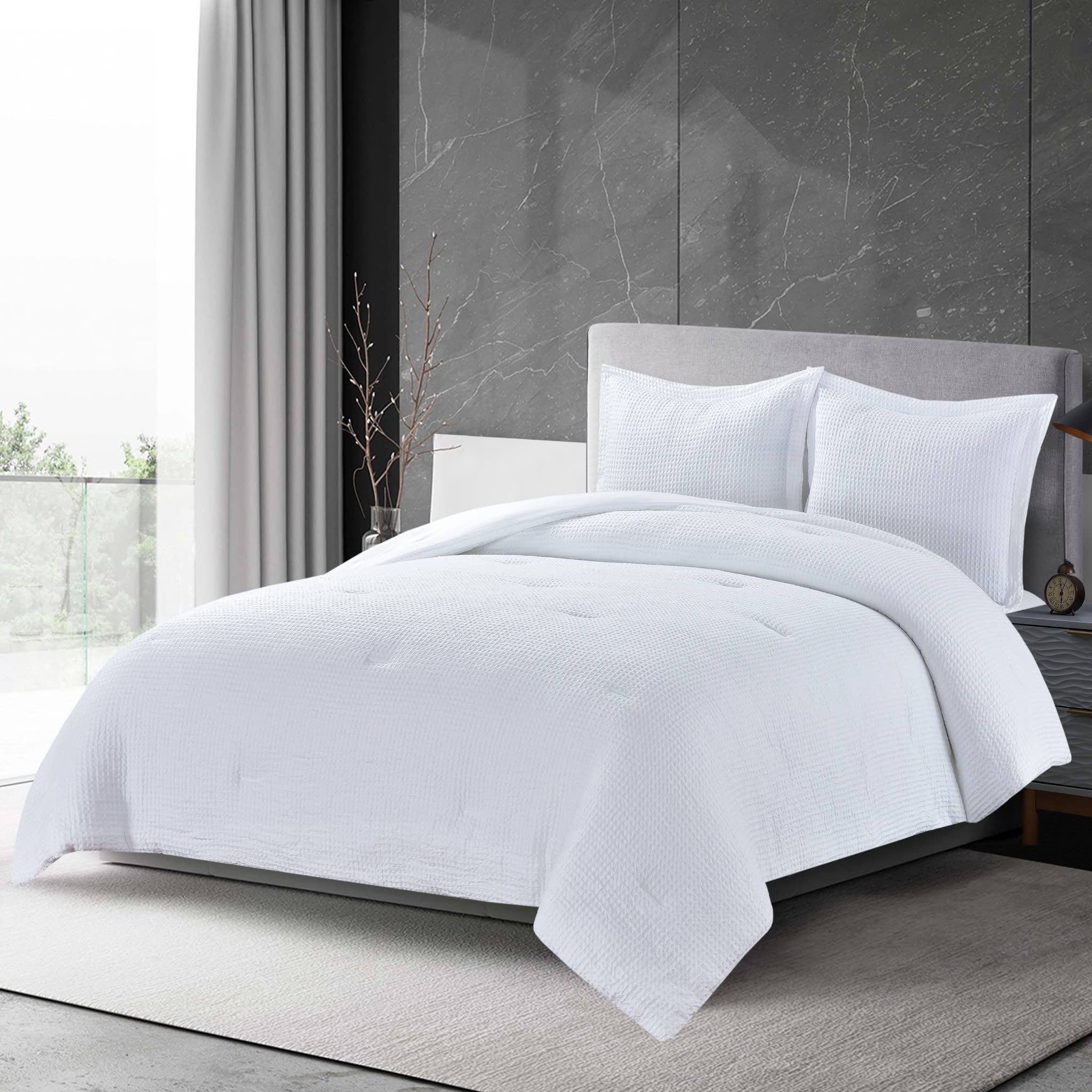 Chezmoi Collection Wilmer 3-Piece Waffle Weave Comforter Set - Soft And Cozy All Season Bedding Set, Queen, White