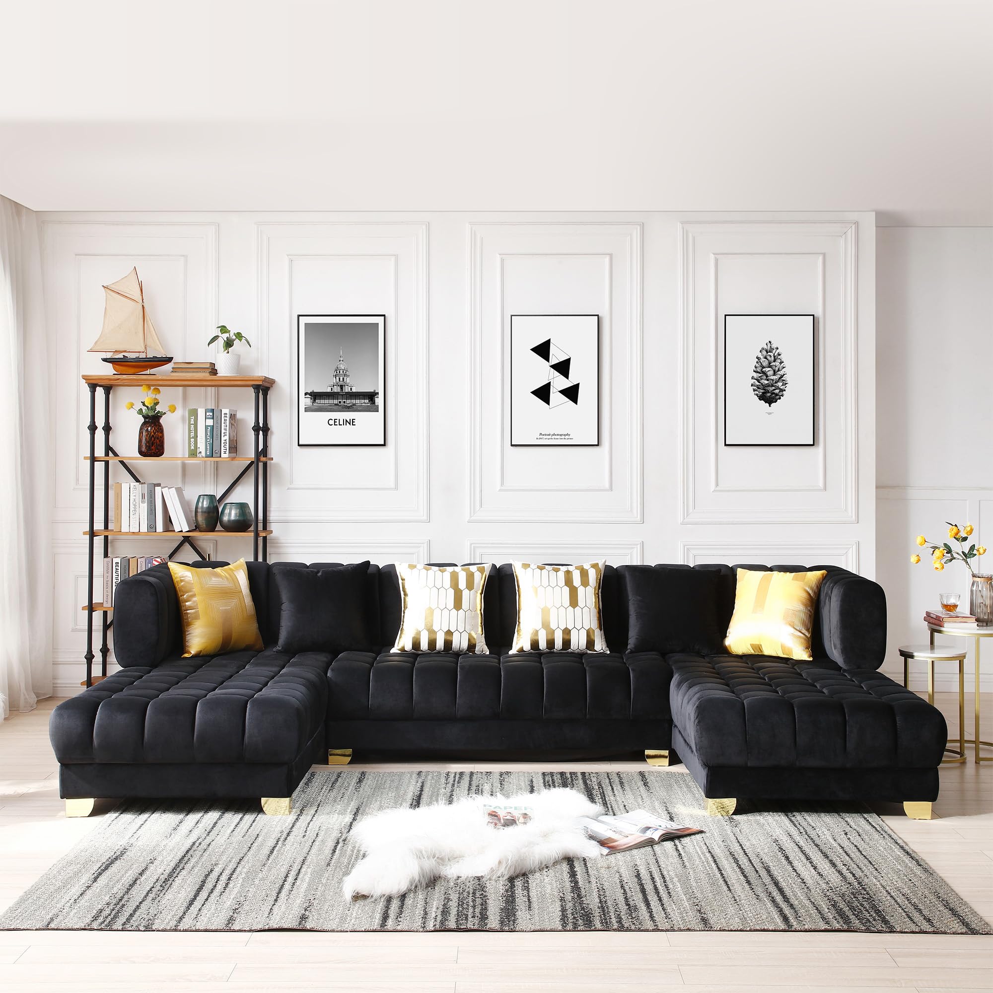 Better Home Products Marigold Velvet U-Shaped Double Chaise Sectional Sofa - 140" Large Couch with 6 Pillows & Gold Legs for Your Living Room, Fully Tufted Firm & Deep (Black)