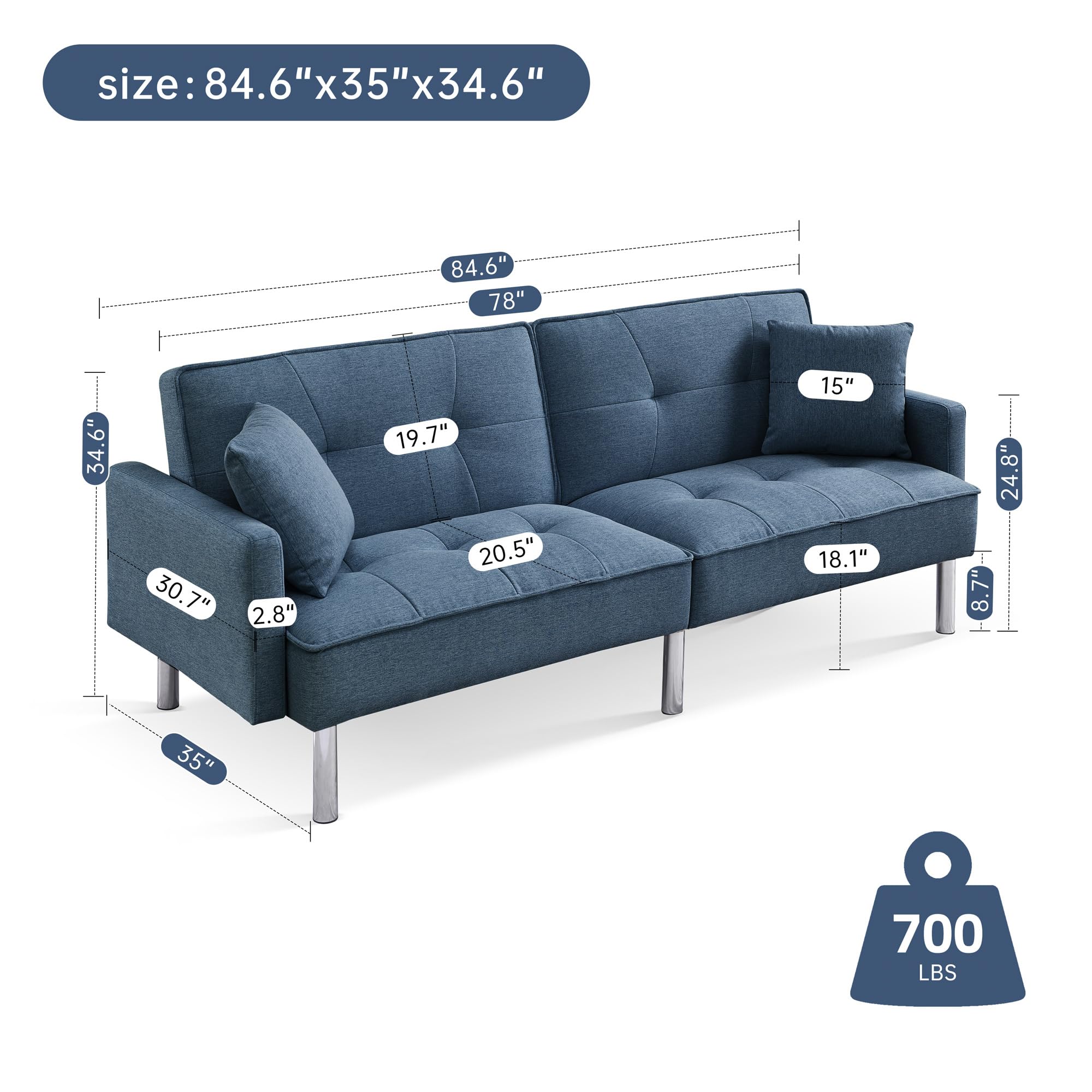 American Furniture Classics Blue Tufted Futon Convertible Sofa Sleeper with Two Throw Pillows Velvet, 85" x 35" x 35"